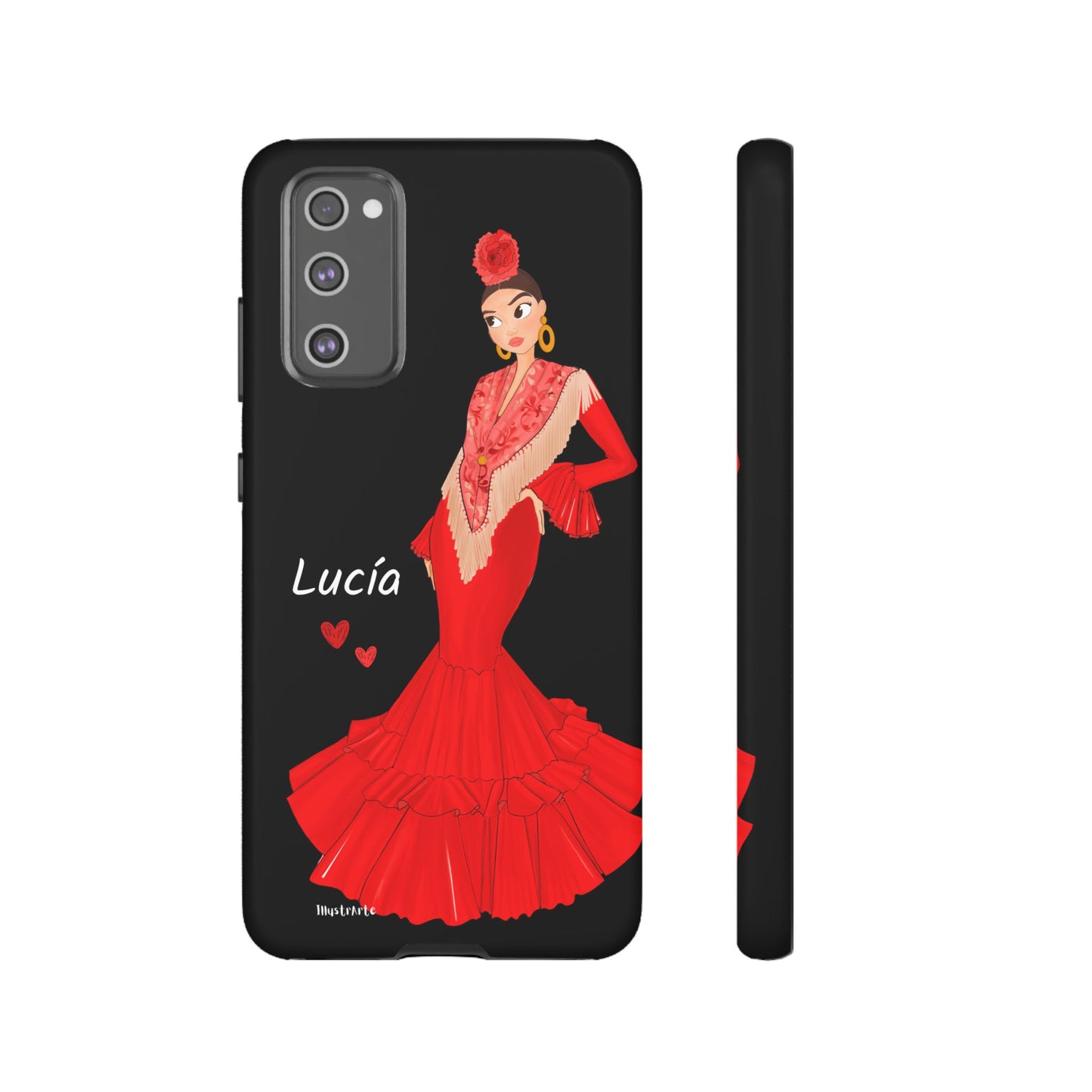 una funda de teléfono con una mujer en un vestido rojo