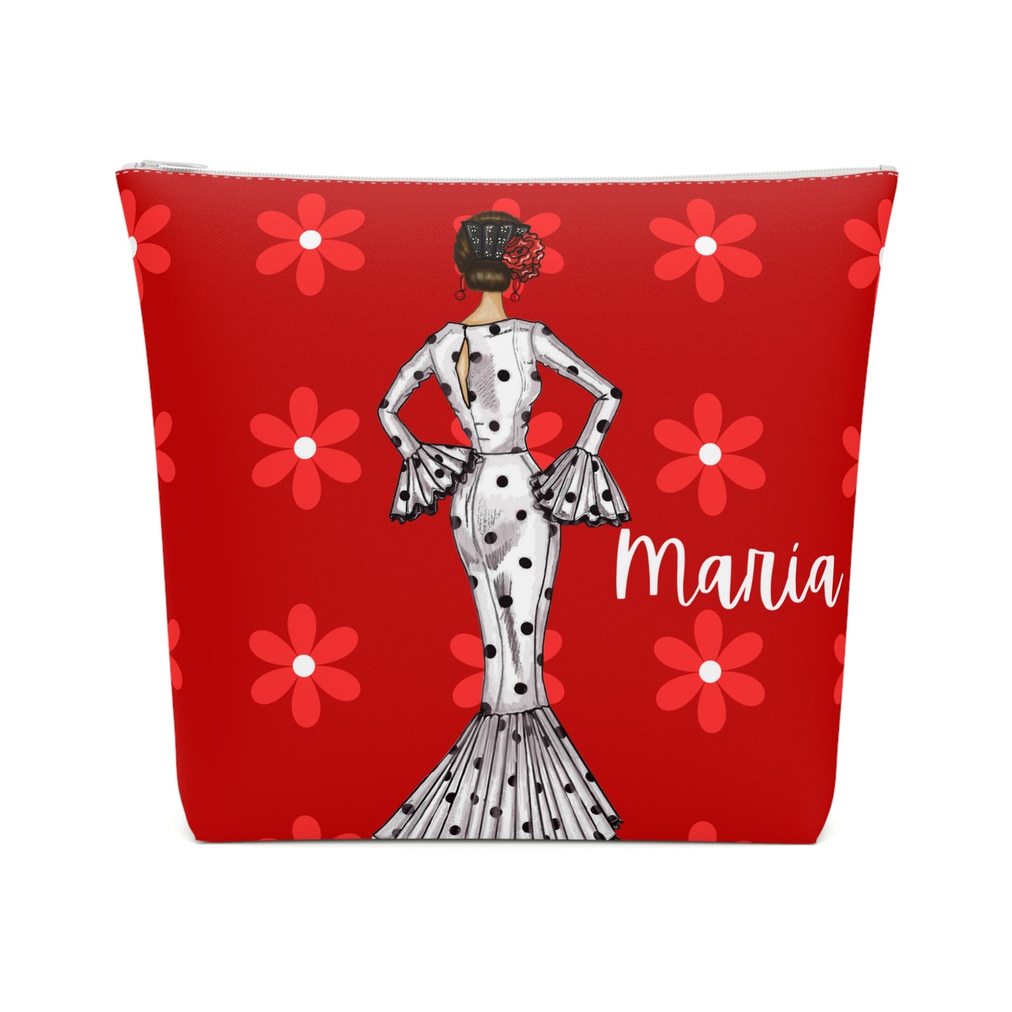 a red cosmetic bag with a picture of a woman in a polka dot dress