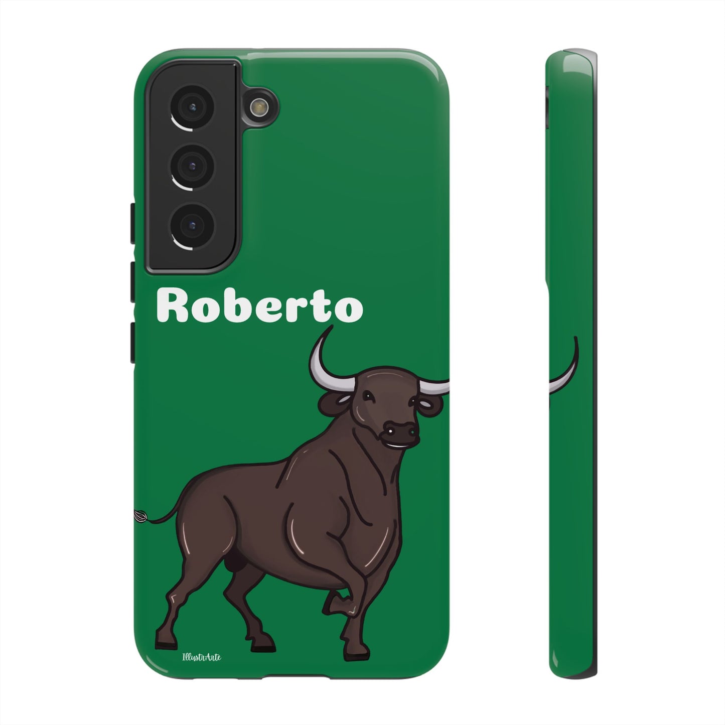 una funda de teléfono verde con un toro en ella