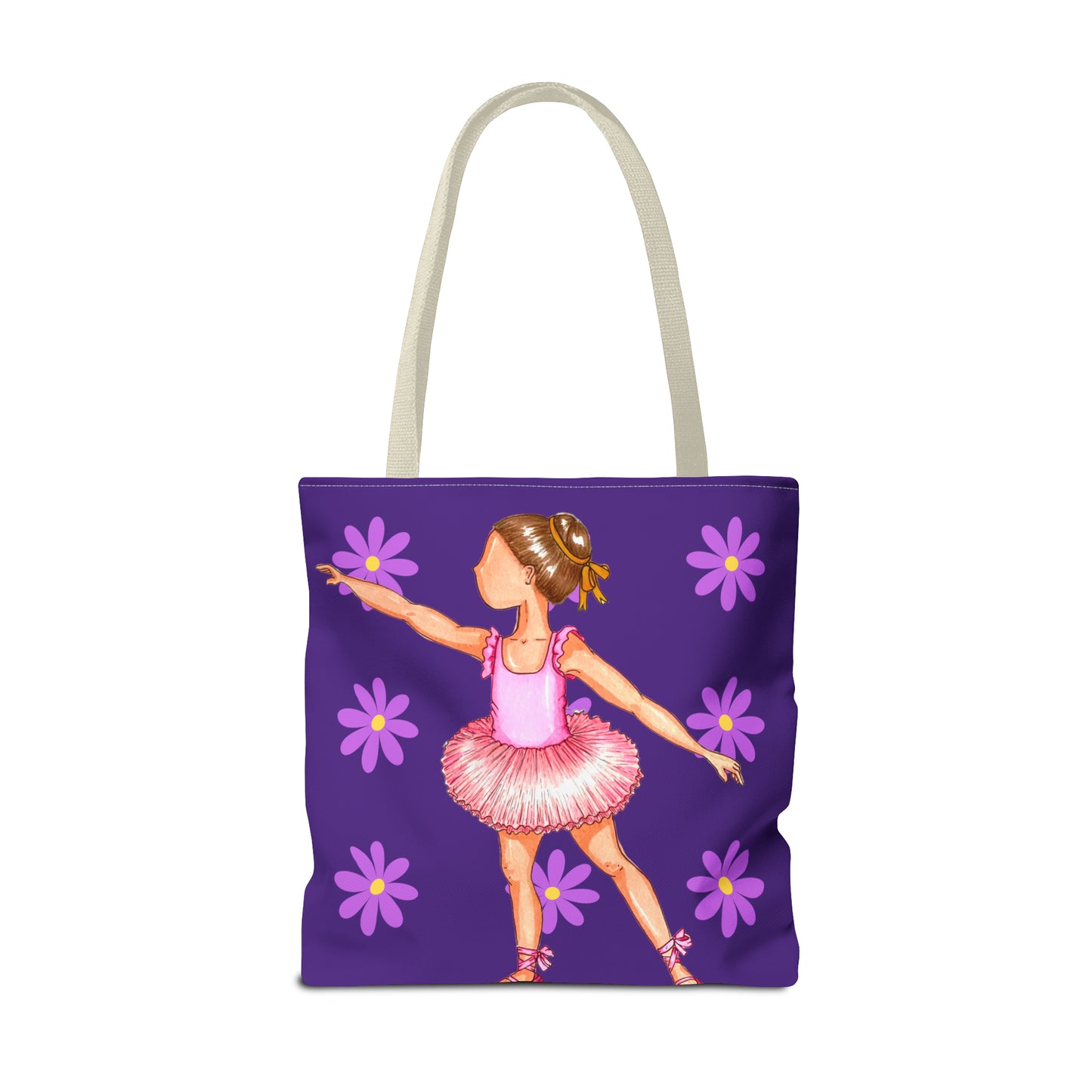 a purple bag with a girl in a pink dress