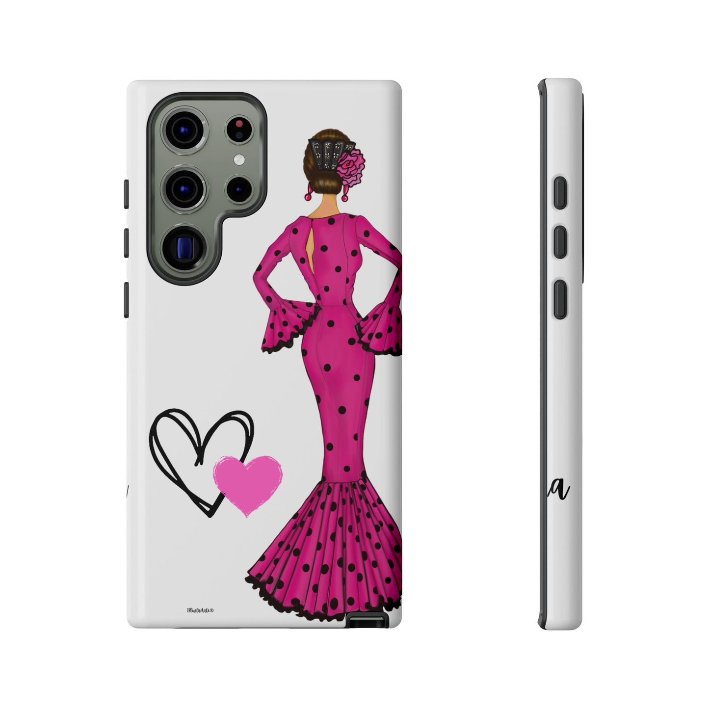 una funda de teléfono con una mujer en un vestido rosa