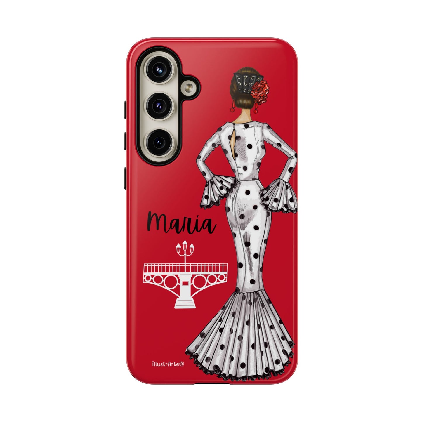 Funda de teléfono personalizable con diseño flamenco, detallando la ilustración de María, ideal para iPhone.