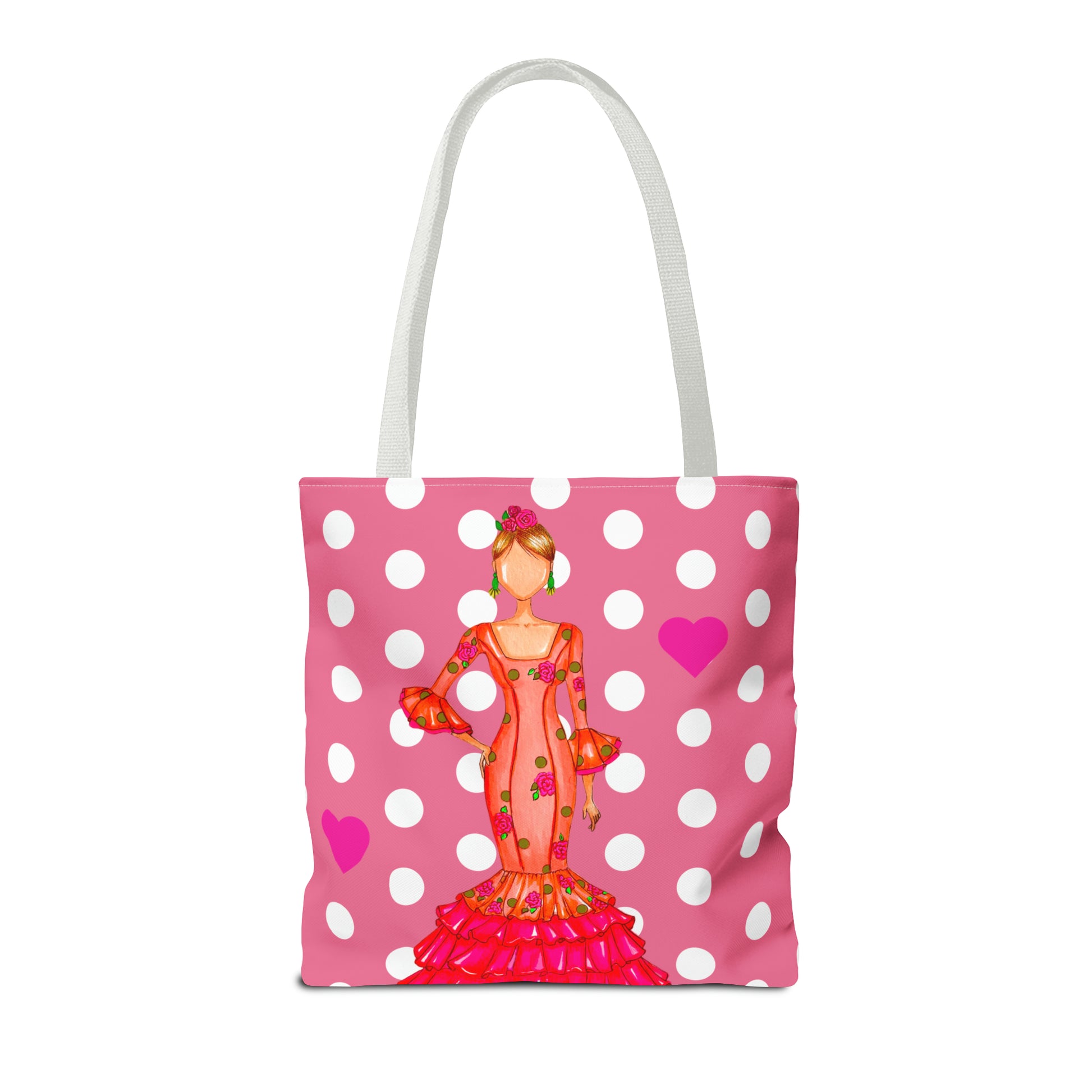 a pink and white polka dot bag with a woman in a red dress