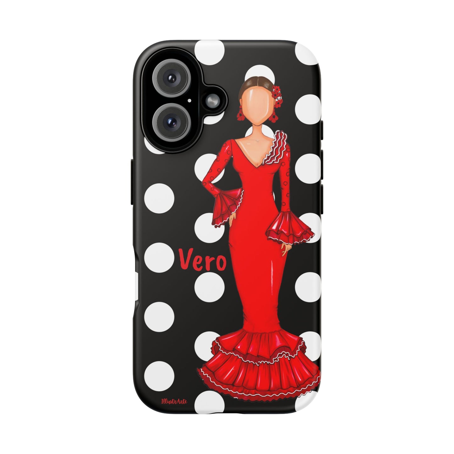 una funda de celular con una mujer en un vestido rojo