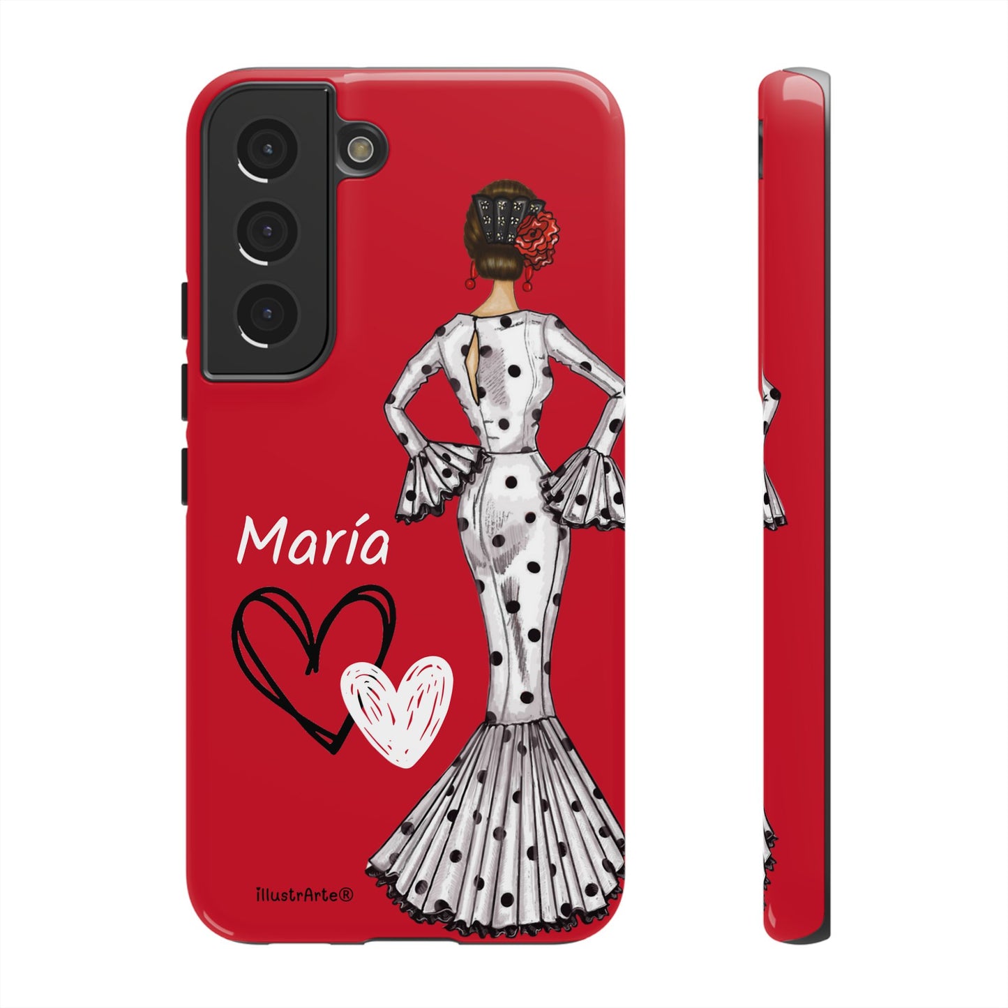 Personalized Maria phone case, white with red hearts background – for iPhone, Samsung, Pixel
