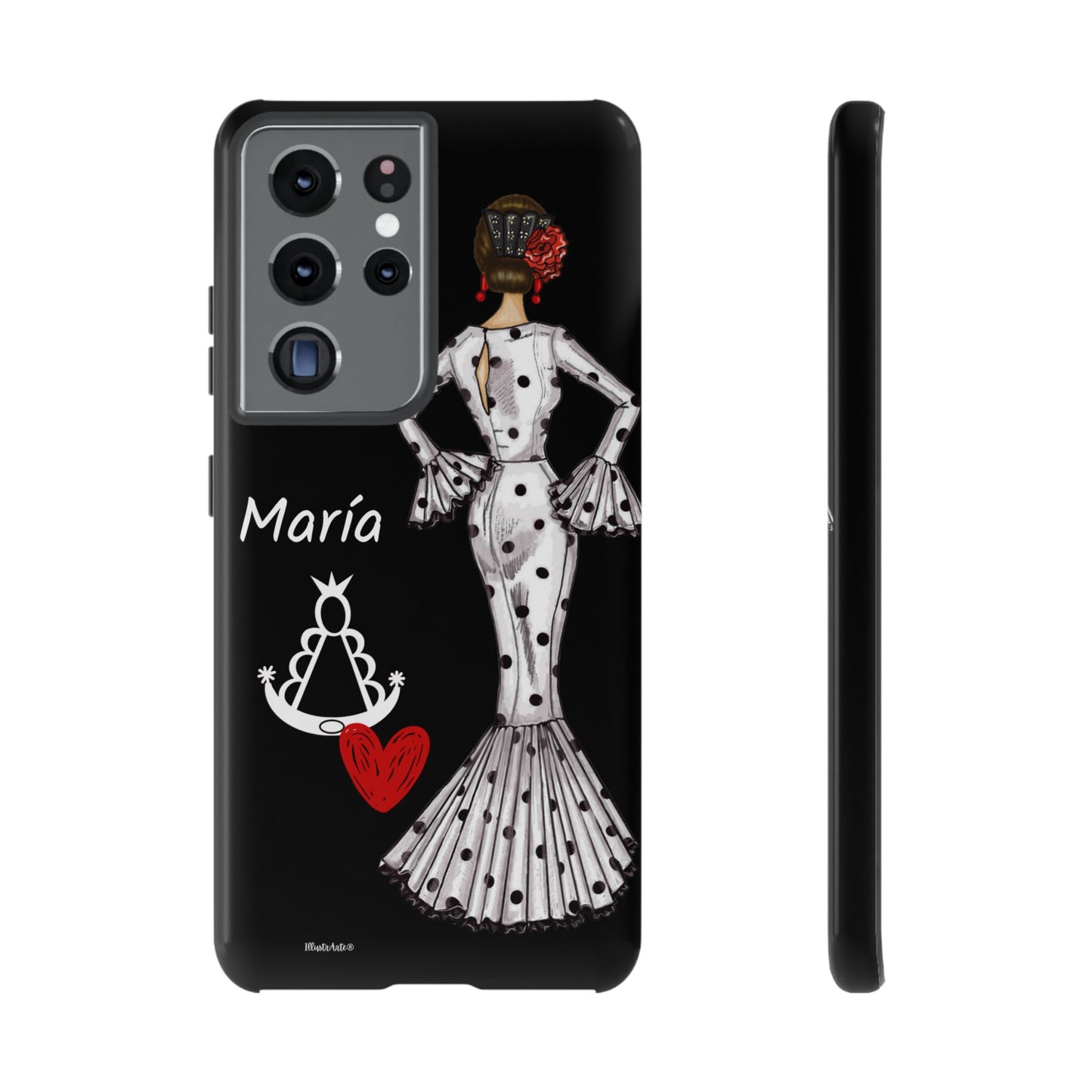 una funda de teléfono con una mujer en un vestido