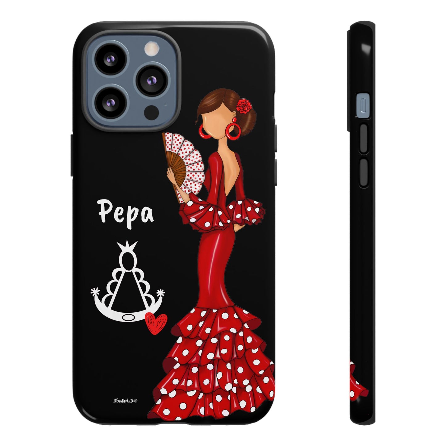 Personalized Pepa phone case on a black background with the Virgin Mary – for iPhone, Samsung, Pixel
