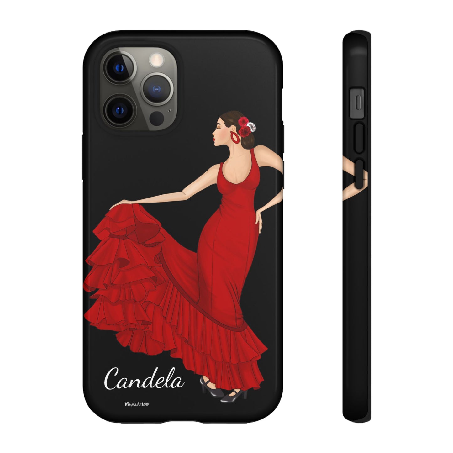 una funda de teléfono con una imagen de una mujer en un vestido rojo