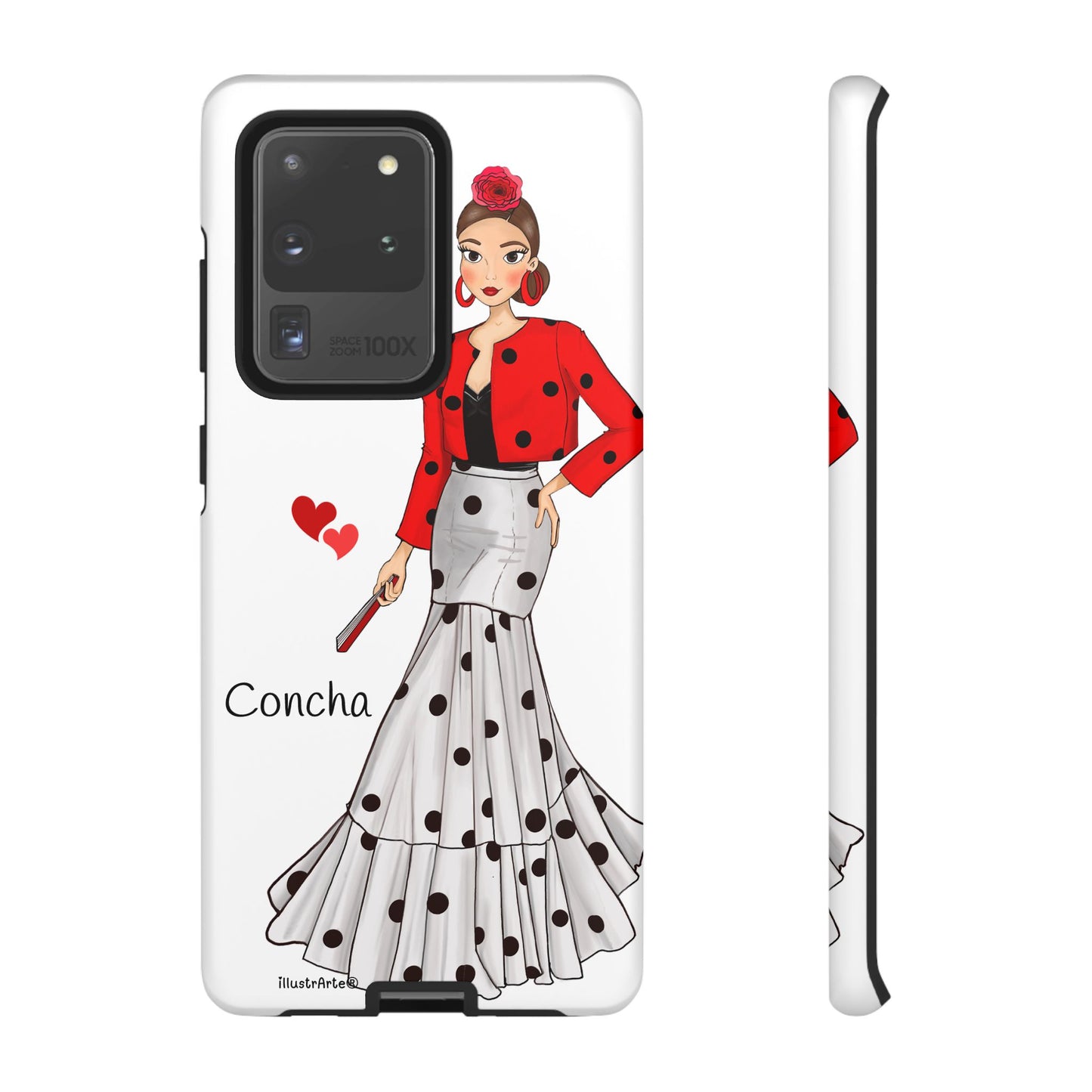 Fondo blanco en la funda de teléfono personalizable modelo Conchita, enfocándose en su diseño personalizable.