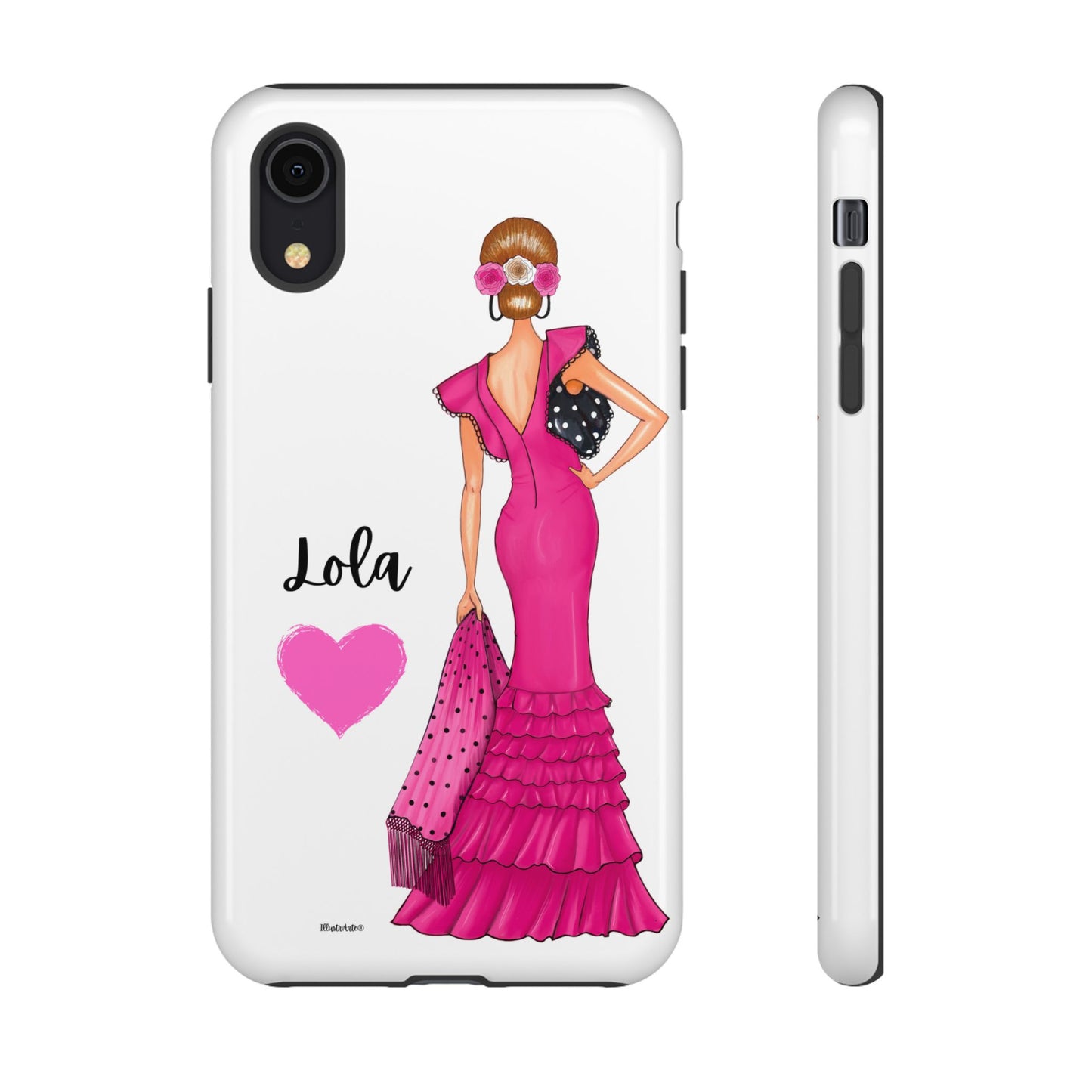 Diseño llamativo de la funda de teléfono personalizable con nombre/bandera/Virgen - Modelo Manuela vestido rosa.