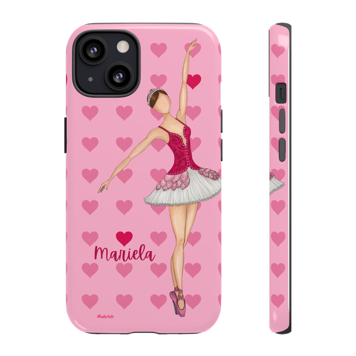 una funda de teléfono rosa con una bailarina en ella