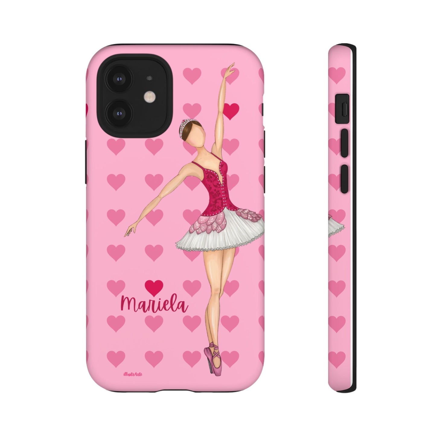 una funda de teléfono rosa con una bailarina en ella