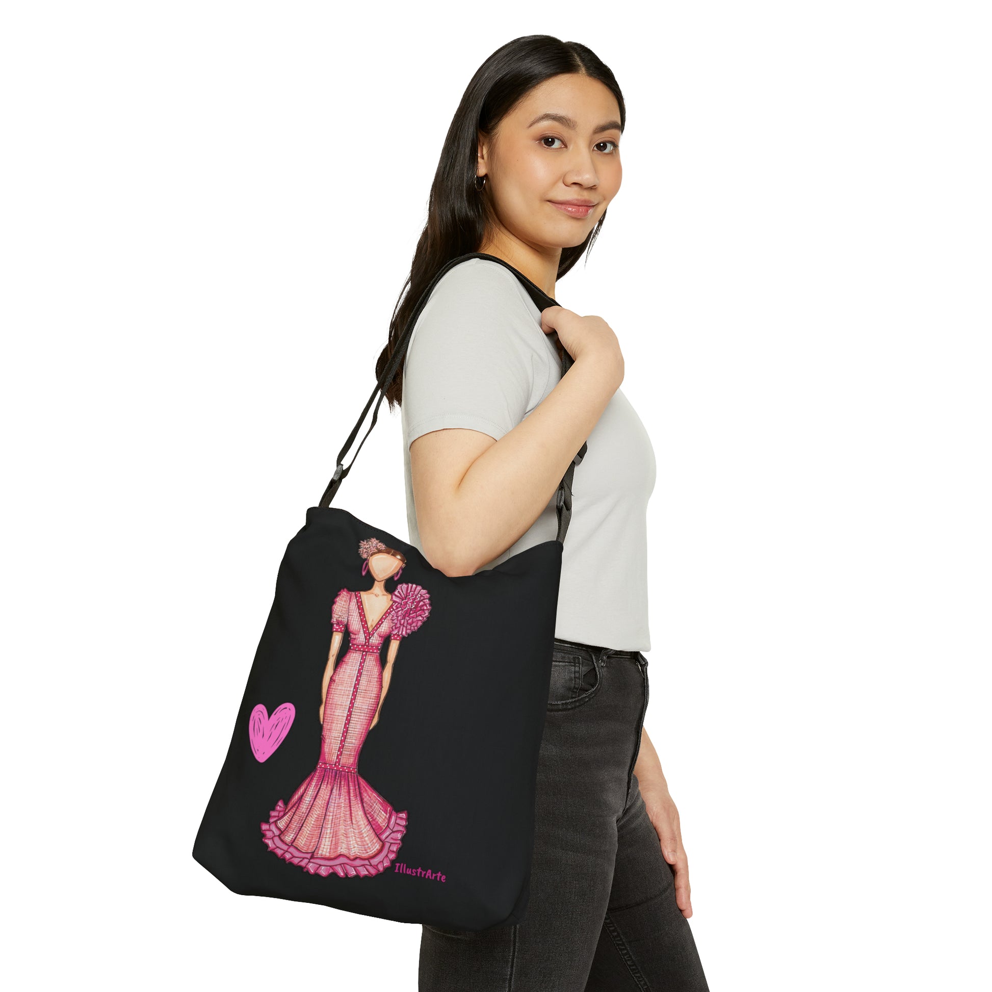 Flamenco Dancer Tote Bag with zip, pink dress and a pink heart design. - IllustrArte