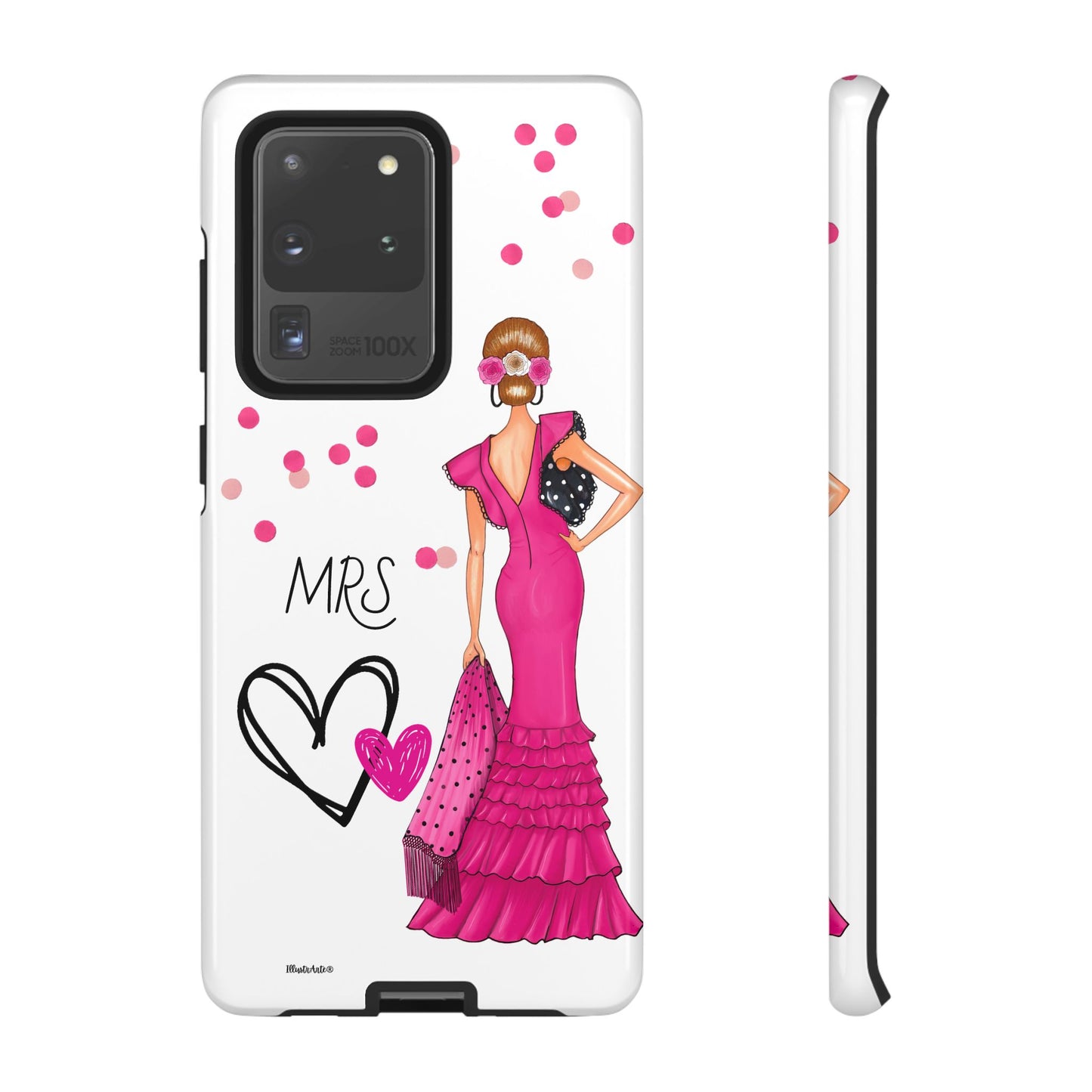 una funda de teléfono con una mujer en un vestido rosa