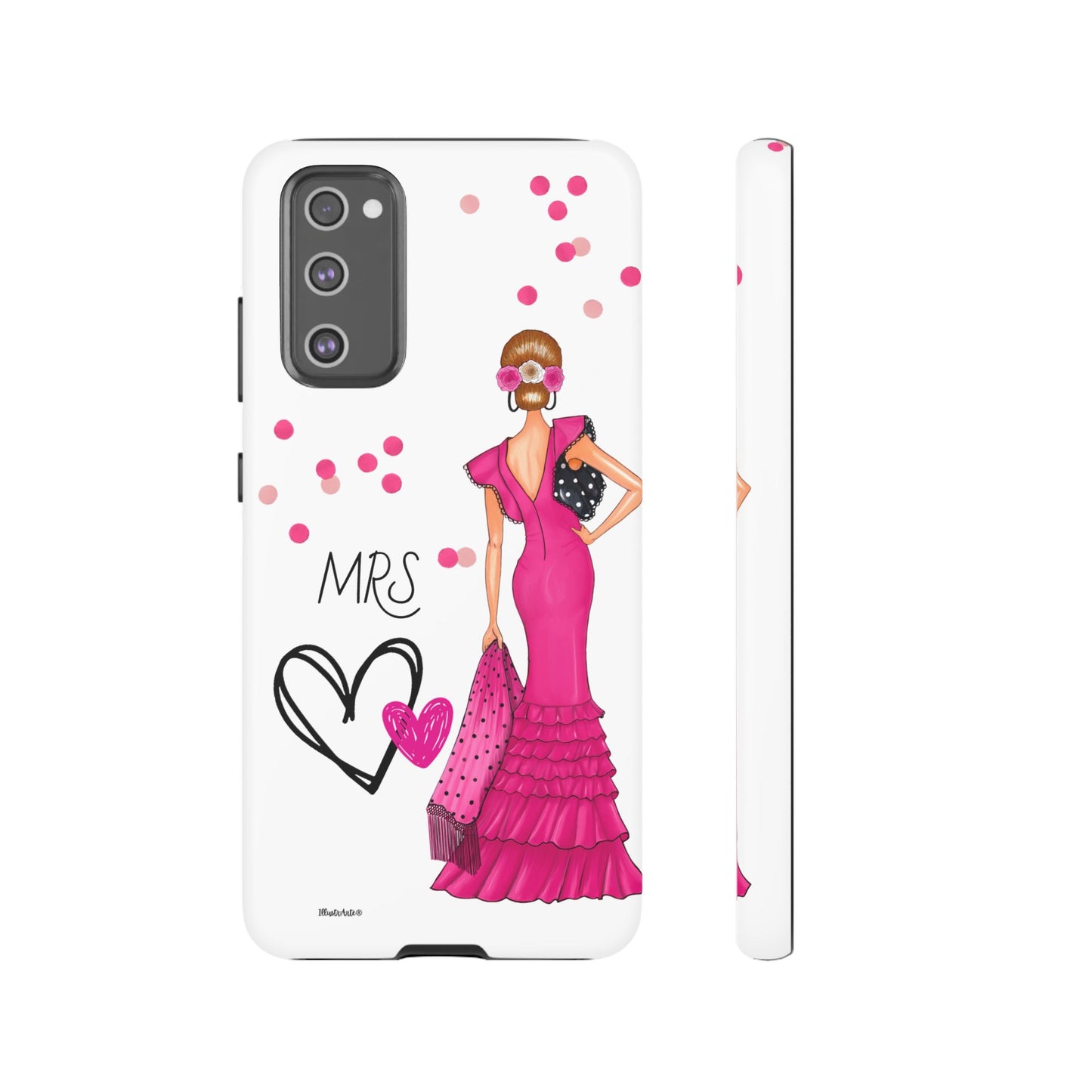 una funda de teléfono con una mujer en un vestido rosa