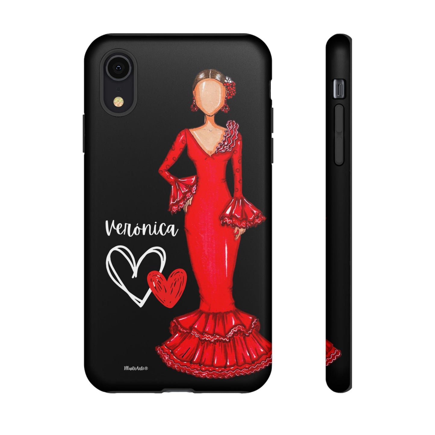 una funda de teléfono con una mujer con un vestido rojo