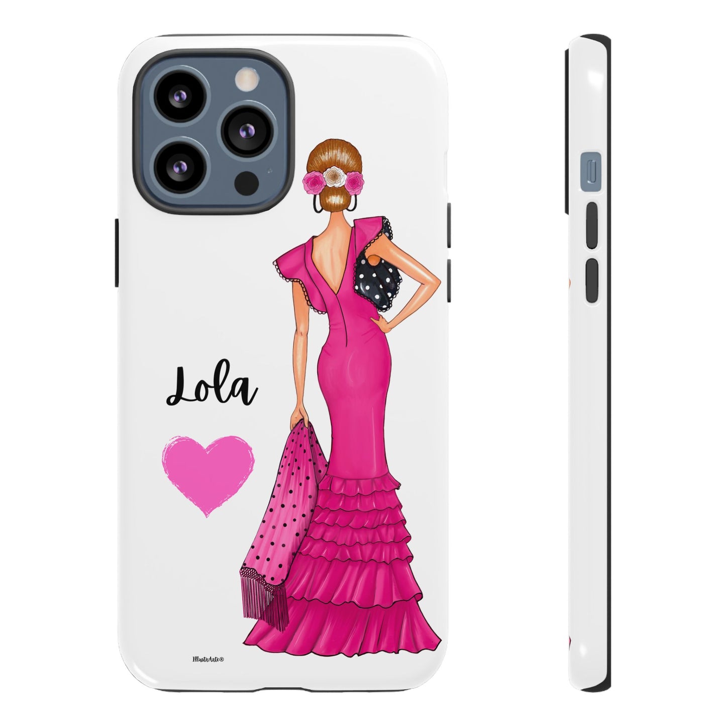 Funda de teléfono personalizable con nombre/bandera/Virgen - Modelo Manuela vestido rosa con combinaciones de colores brillantes.