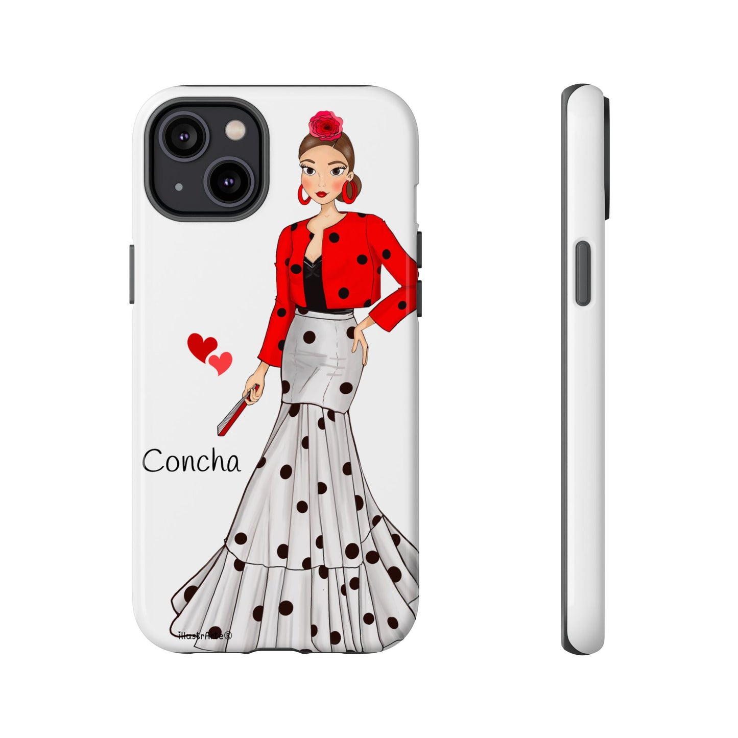 Funda de teléfono personalizable modelo Conchita en fondo blanco con diseño del flamenco, ideal para personalizar tu smartphone.