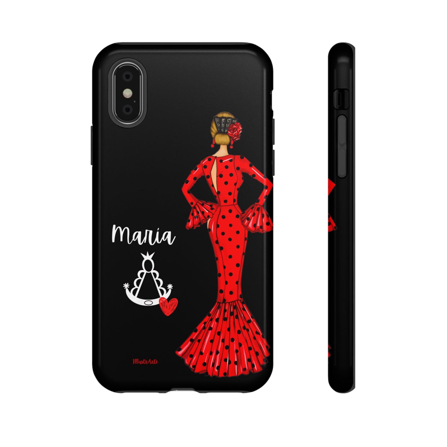 una funda de teléfono con una mujer en un vestido rojo