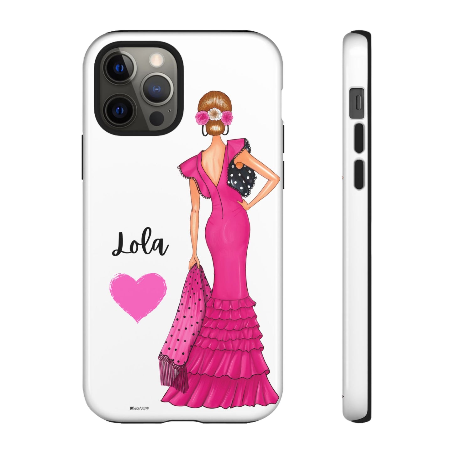 una funda para teléfono con una mujer en un vestido rosa