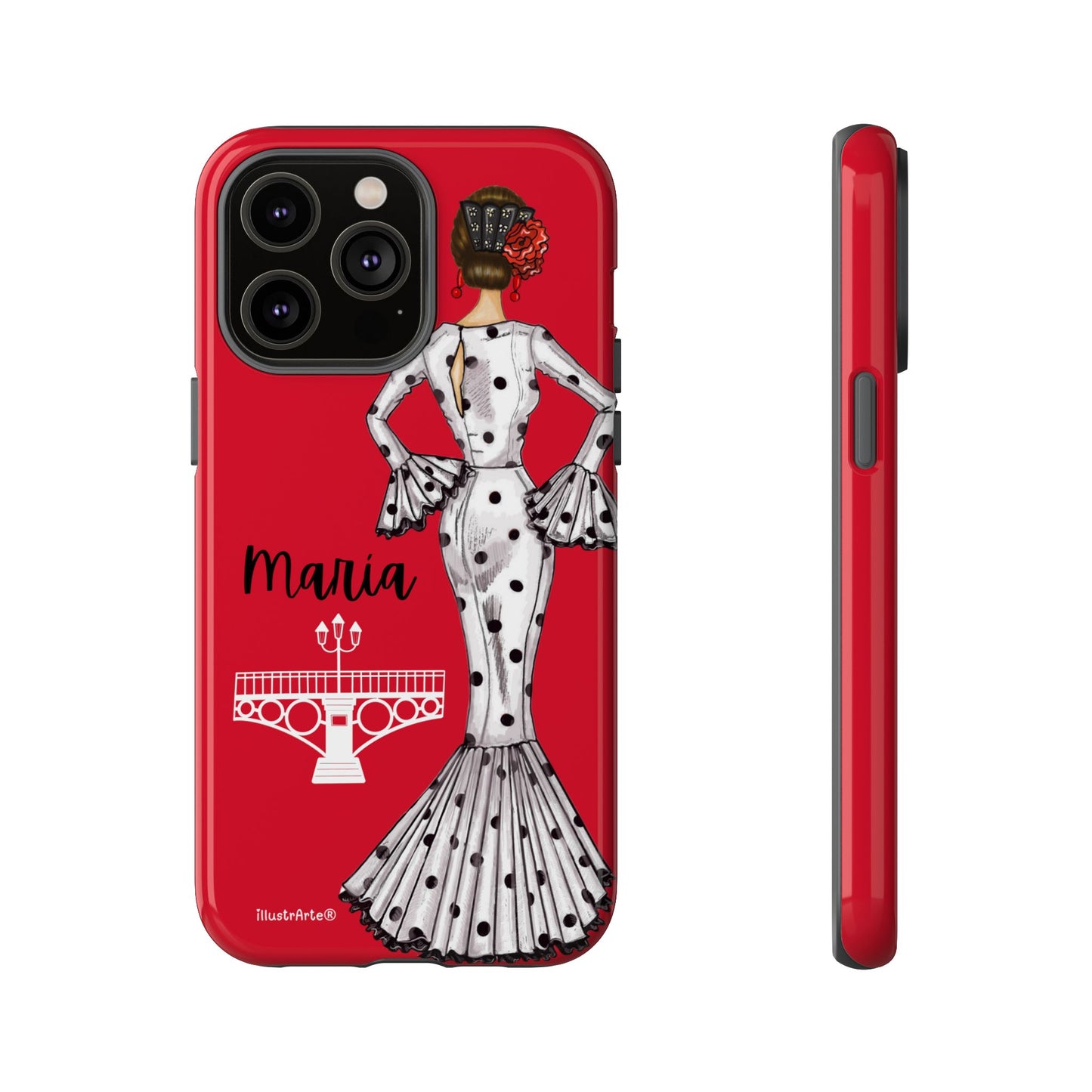 Funda de teléfono personalizable con diseño de flamenca María, aquí mostrada para un Samsung Galaxy.