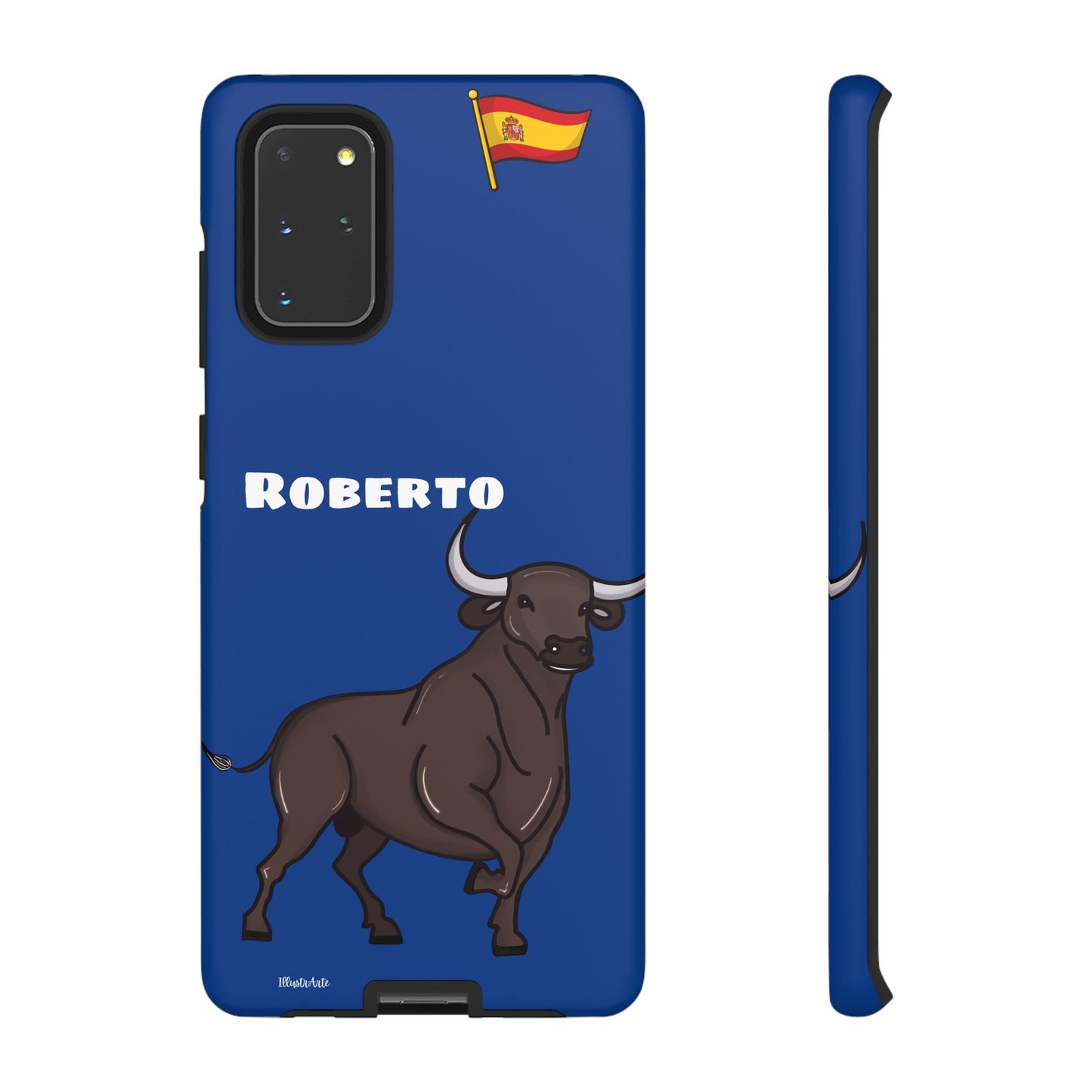 Close-up de la funda de teléfono personalizable con nombre/bandera/Virgen - Modelo Toro Roberto, resaltando los detalles del diseño.