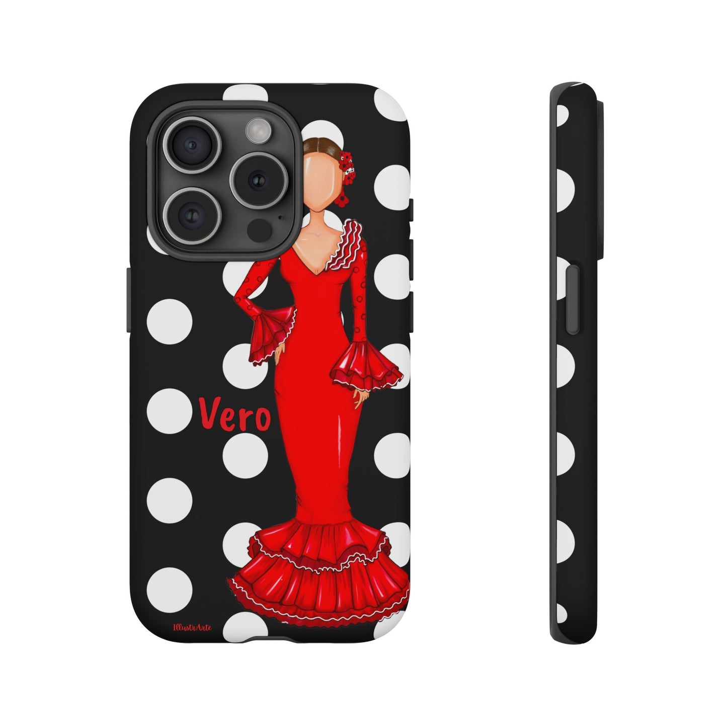 una funda de celular con una mujer en un vestido rojo