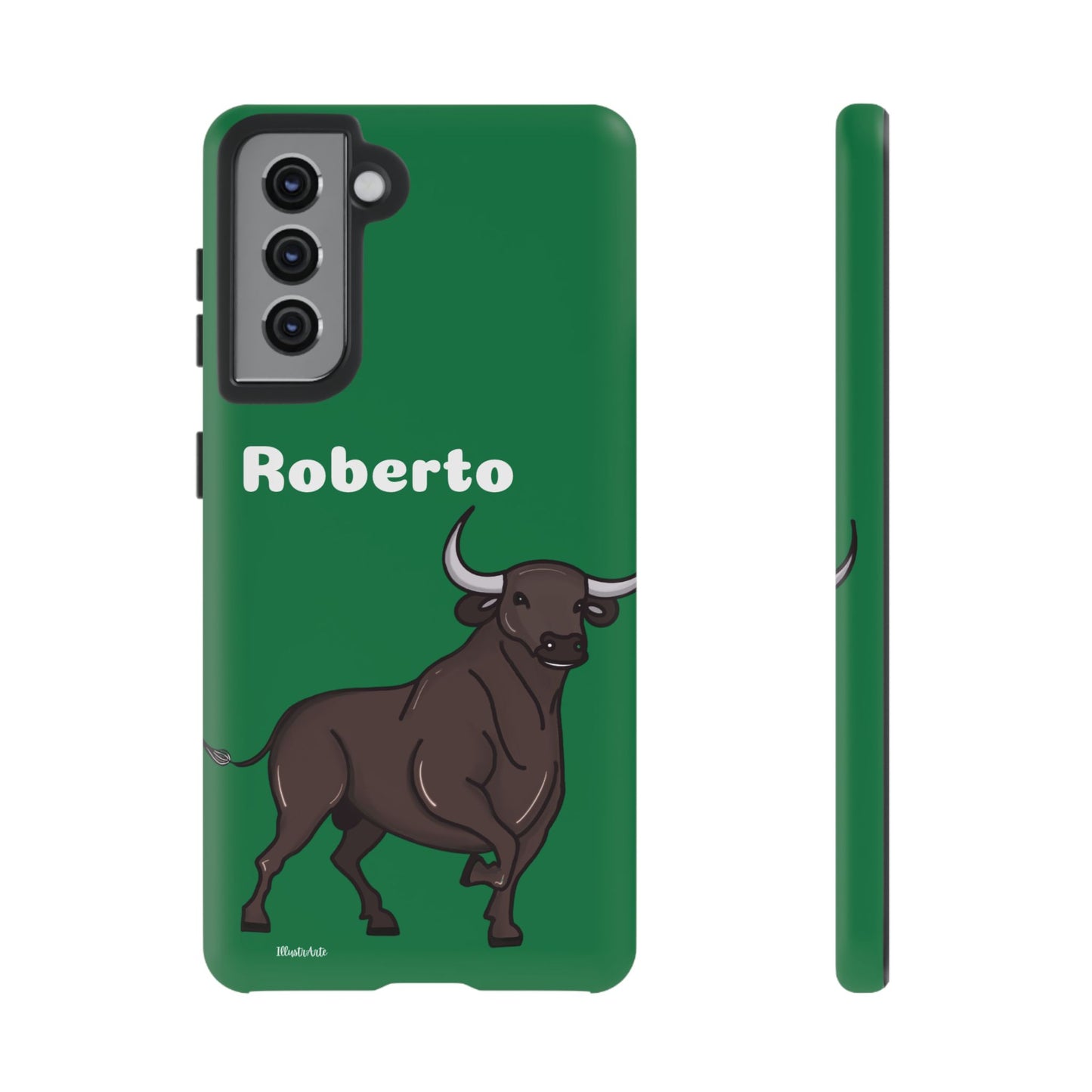 una funda de teléfono verde con un toro en ella