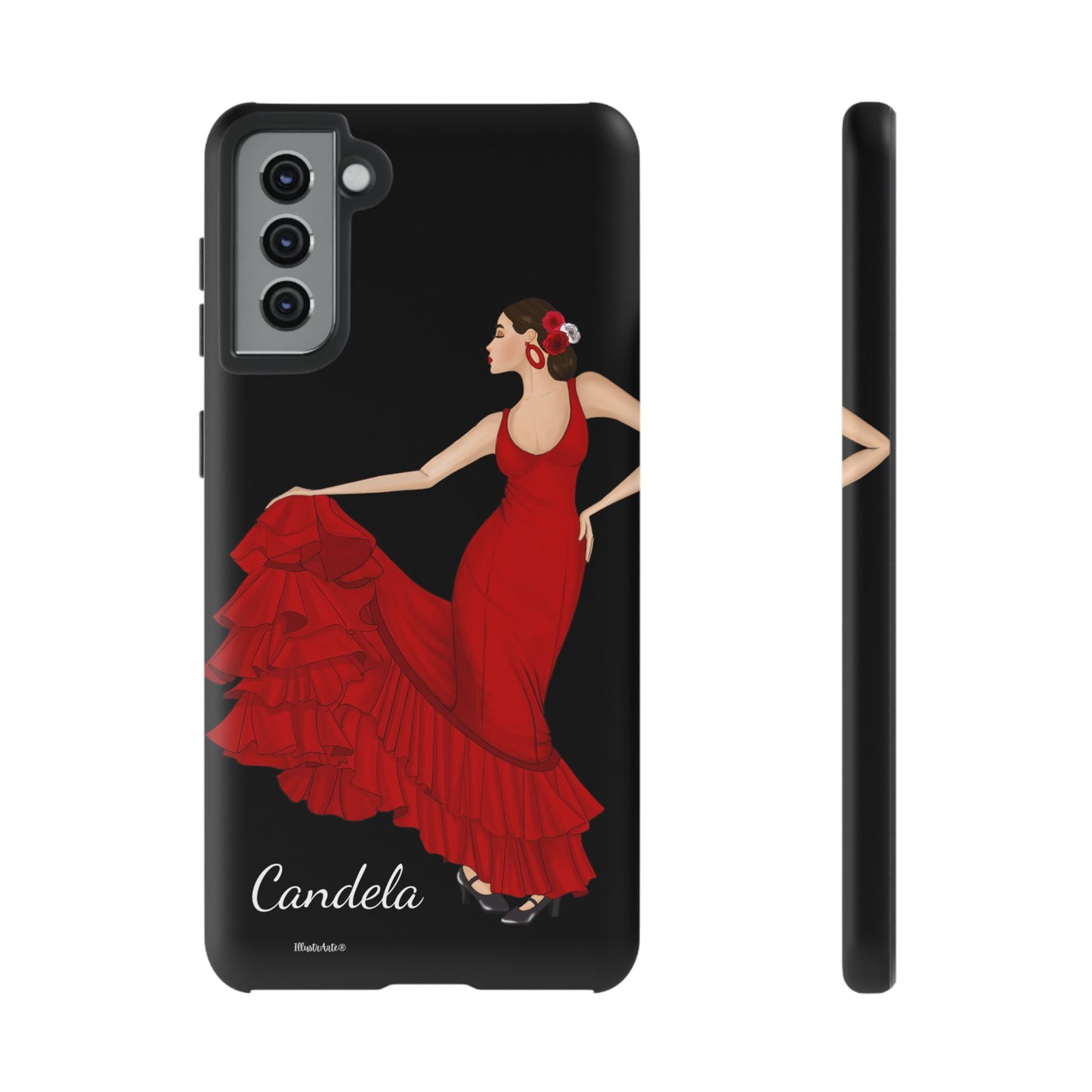 una funda de teléfono con una mujer en un vestido rojo