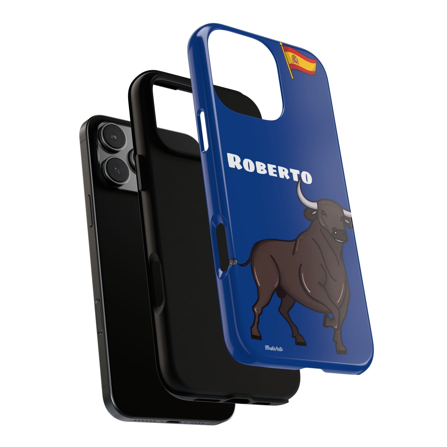 Funda de teléfono personalizable con nombre/bandera/Virgen - Modelo Toro Roberto sobre azul Para iPhone, Samsung Y Google Pixel