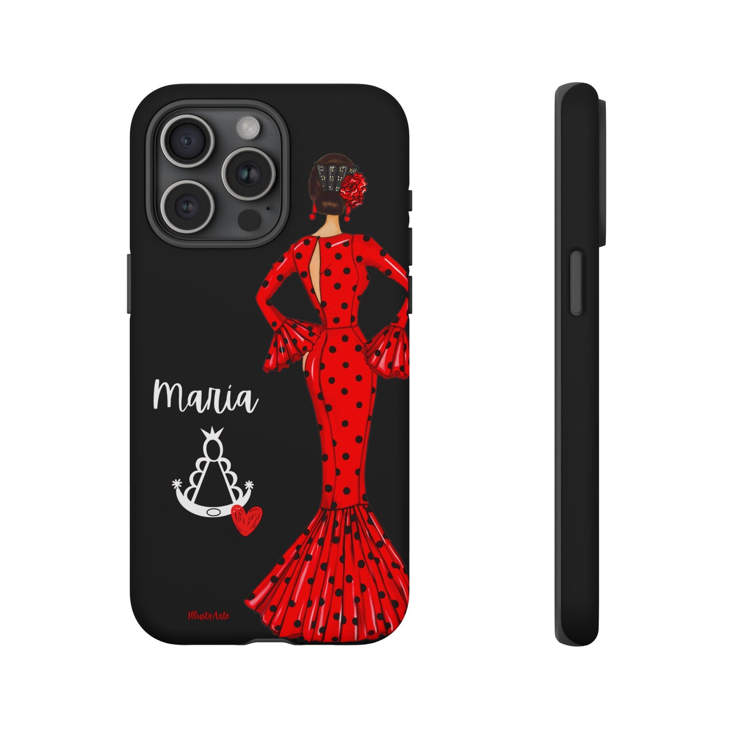 una funda de teléfono con una mujer en un vestido rojo