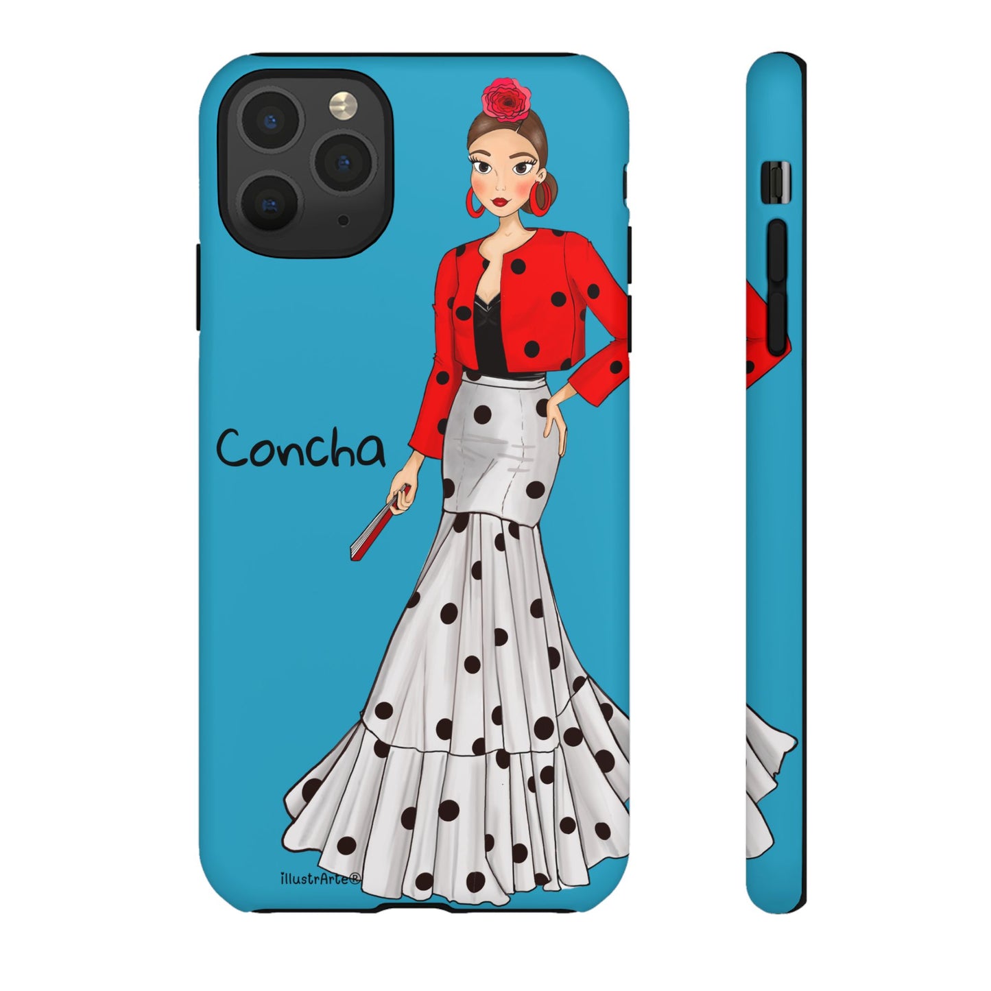 Funda de teléfono personalizada, Modelo Conchita fondo azul, mostrando un diseño único para iPhone y Samsung.