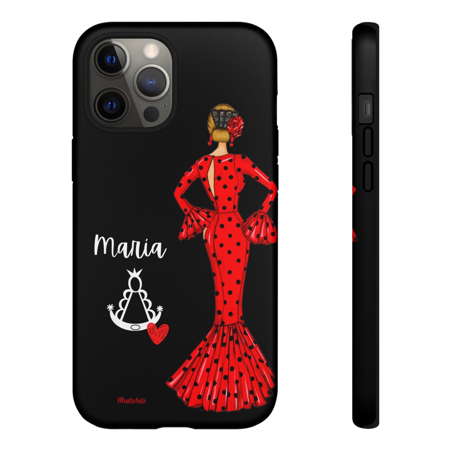 una funda de teléfono con una mujer en un vestido rojo