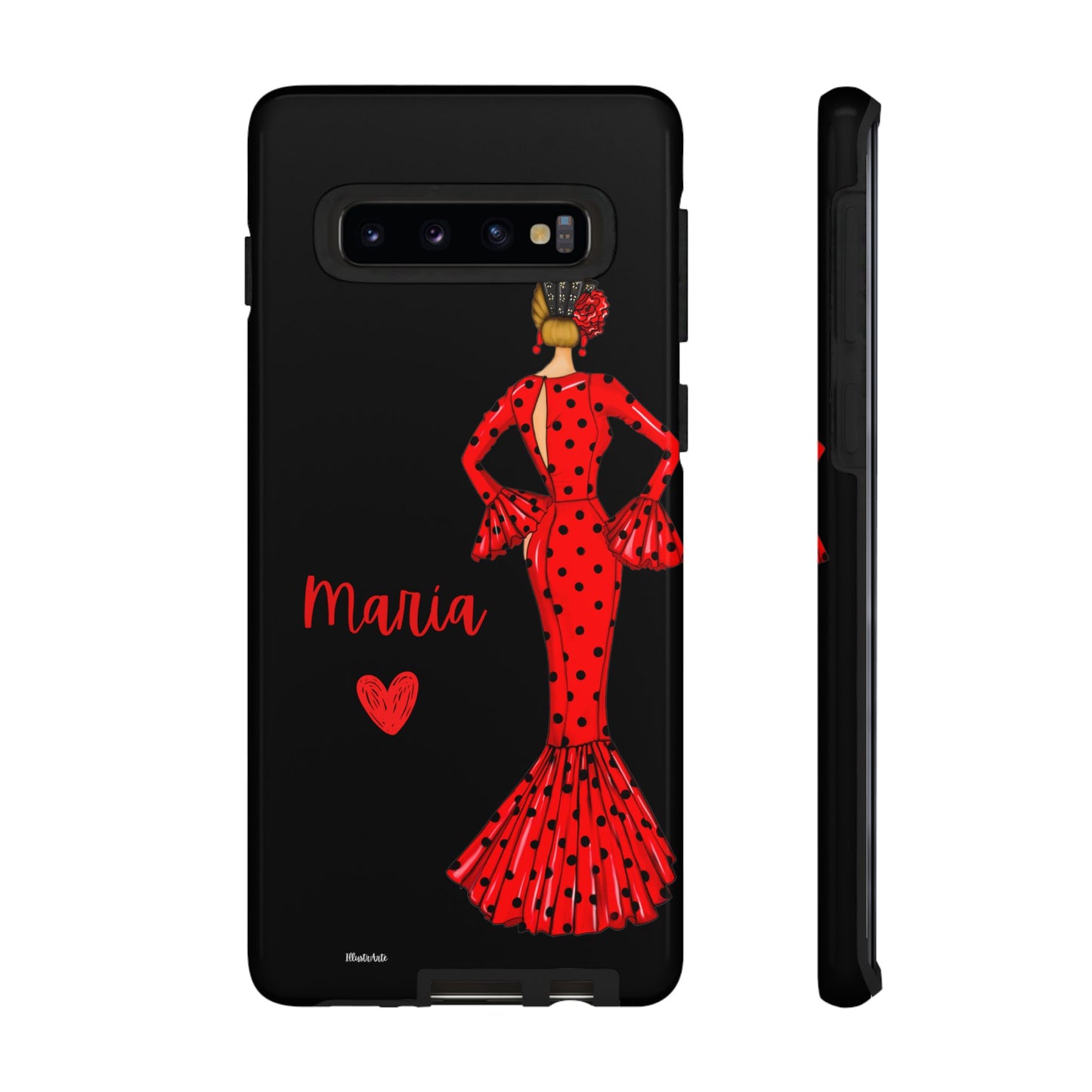 una funda de teléfono con una mujer en un vestido rojo