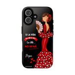 Personalised phone case flamenco dancer Pepa, with quote for iPhone 16, gloss finish – illustrArte