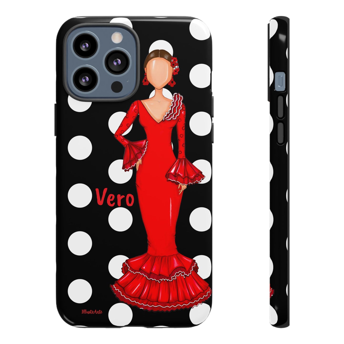 una funda de celular con una mujer en un vestido rojo