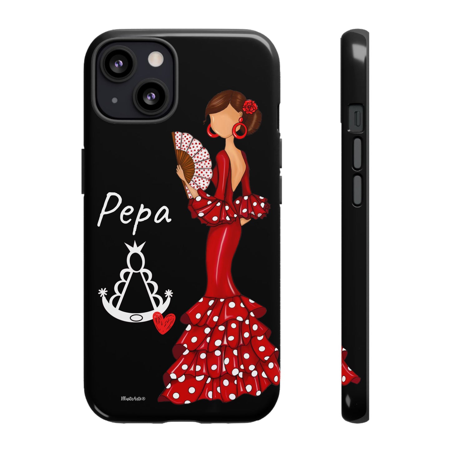 una funda de teléfono con una mujer en un vestido rojo