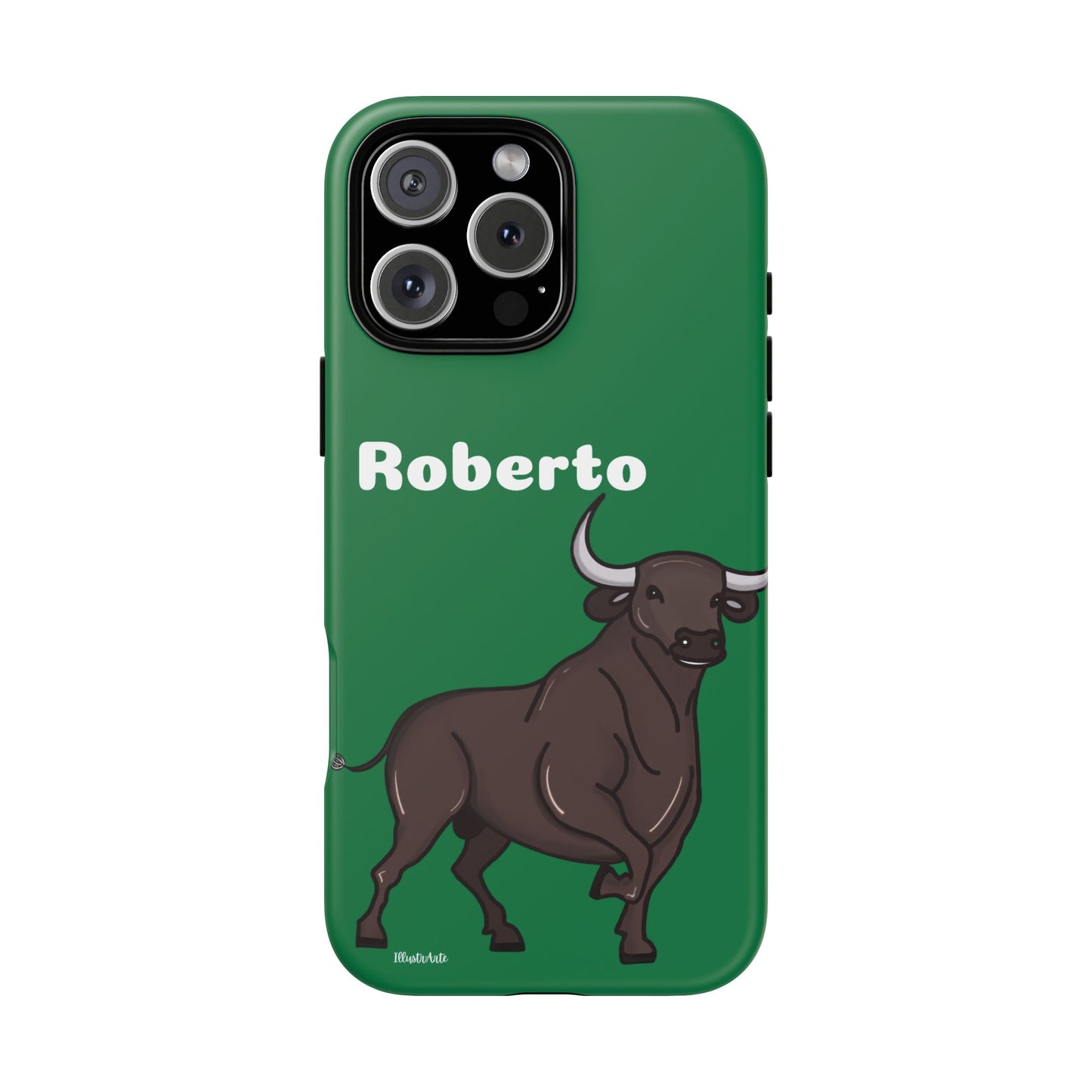 una funda de teléfono verde con un toro en ella