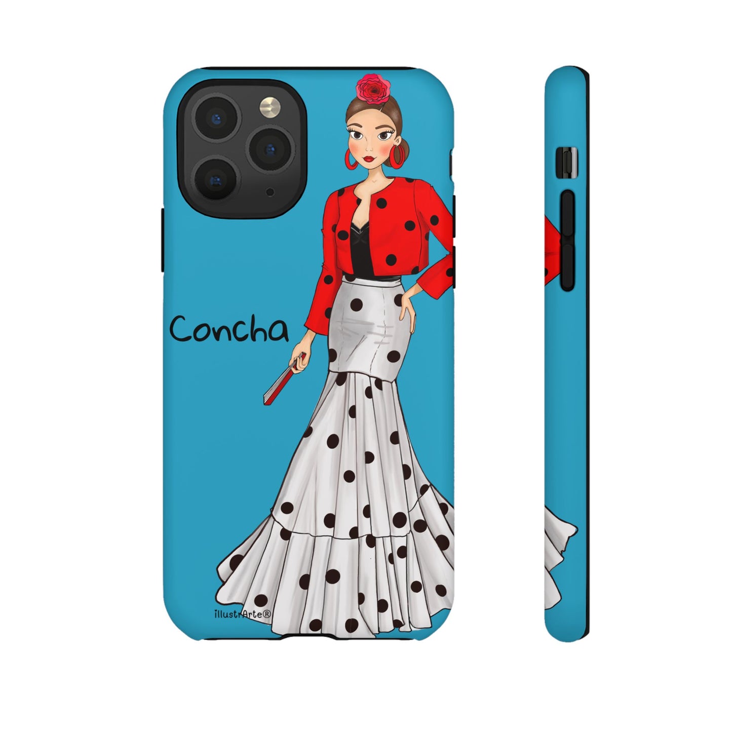 Modelo Conchita fondo azul de la funda de teléfono personalizable con nombre, perfecta para proteger tu dispositivo.