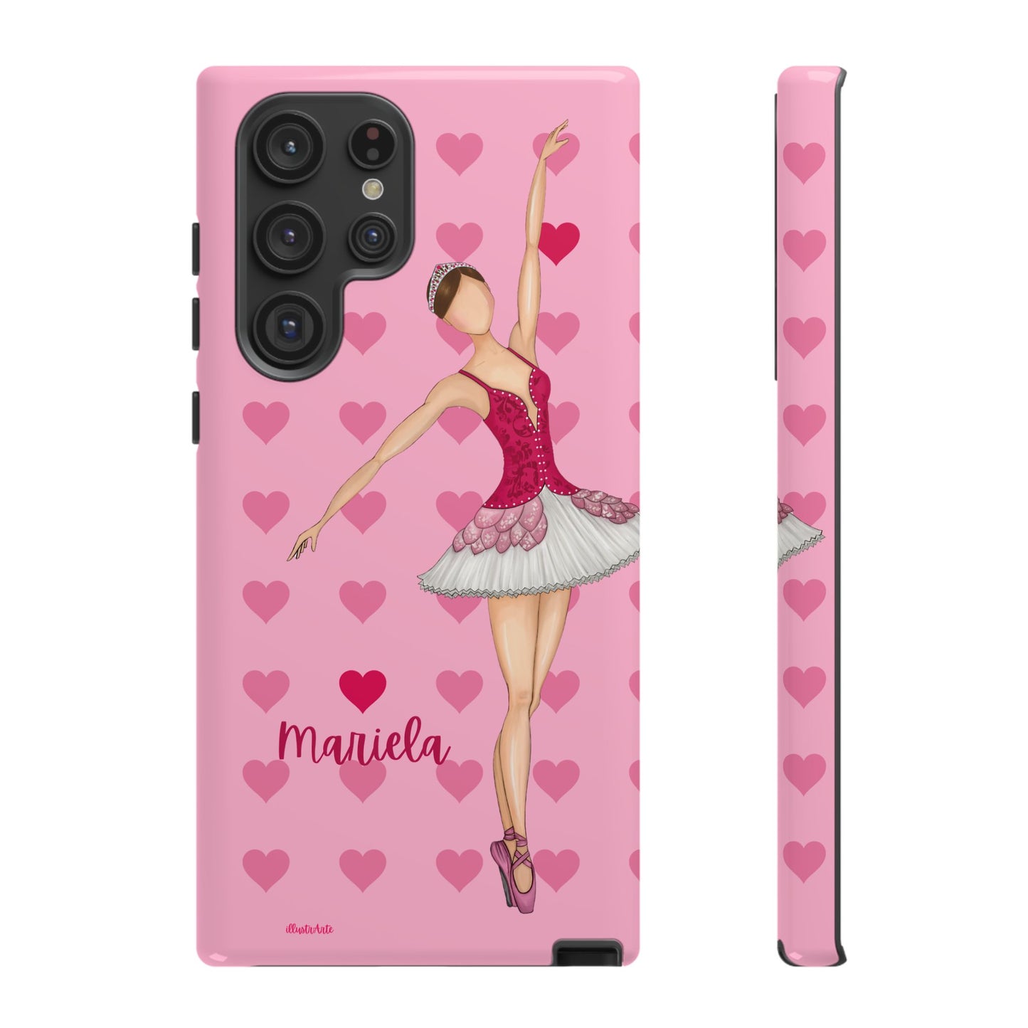 una funda de teléfono rosa con una bailarina en ella