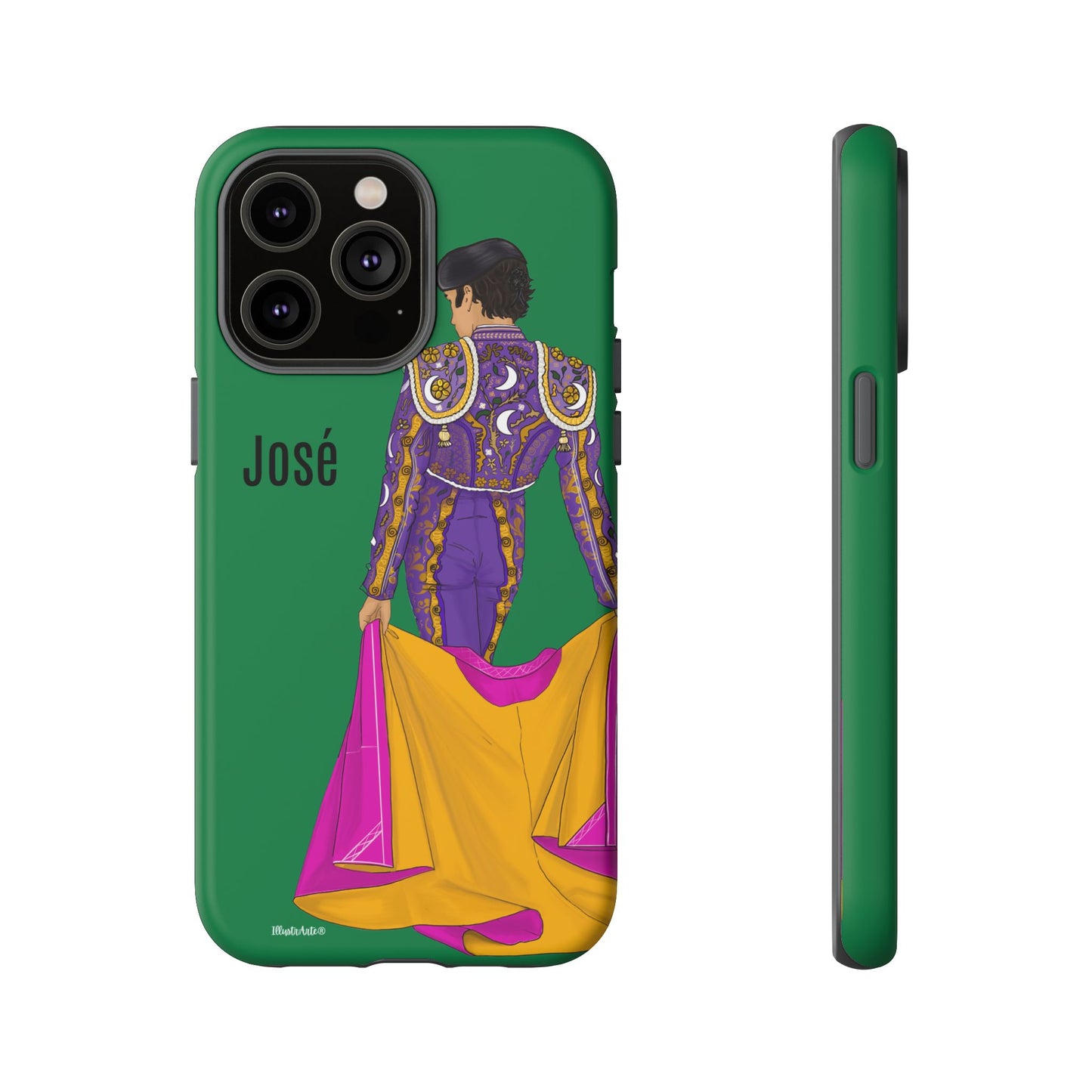 una funda de teléfono verde con una imagen de una mujer en un vestido púrpura y amarillo