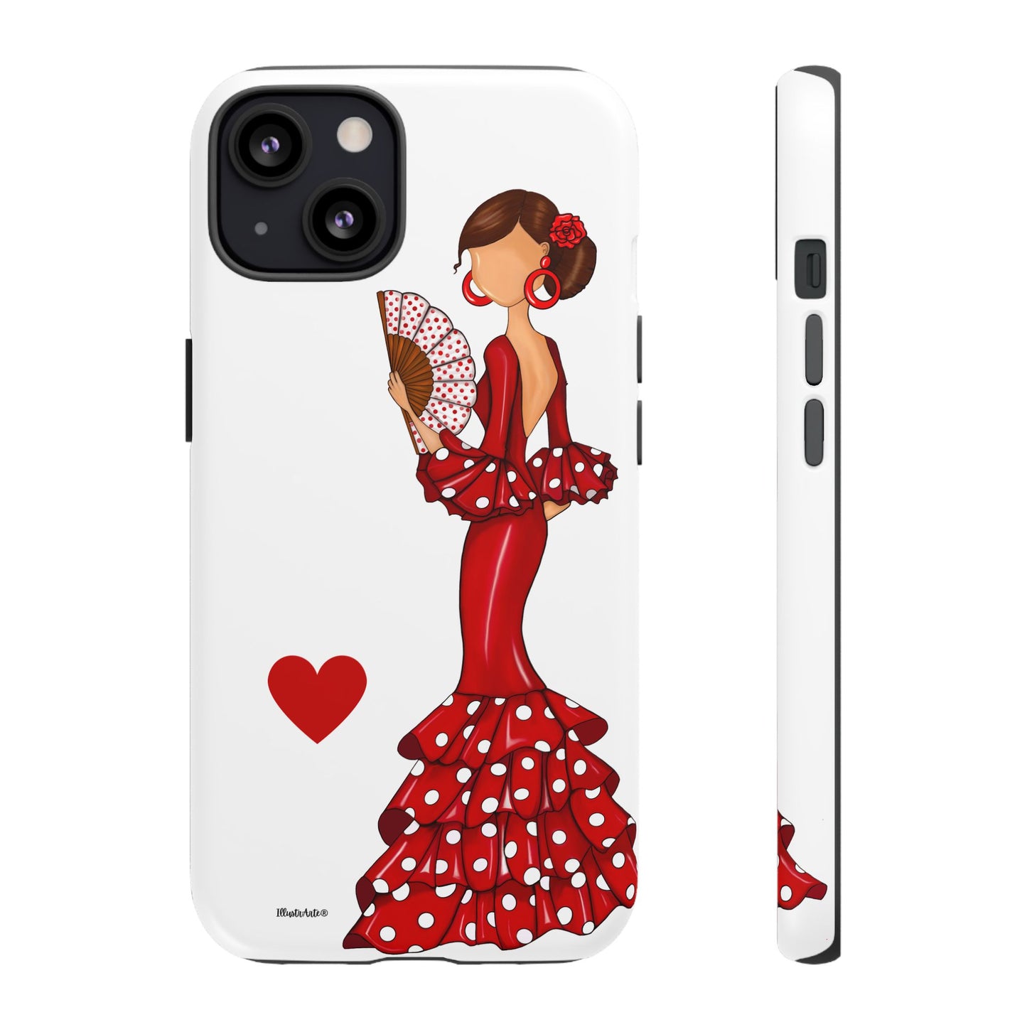 una funda de teléfono con una mujer en un vestido rojo