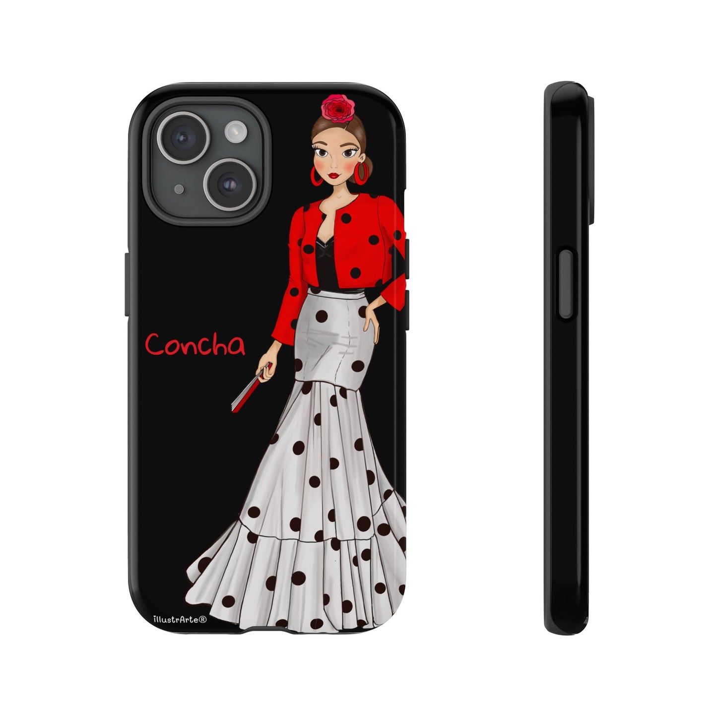 Funda de teléfono personalizable con revestimiento de TPU - Modelo Conchita fondo negro.