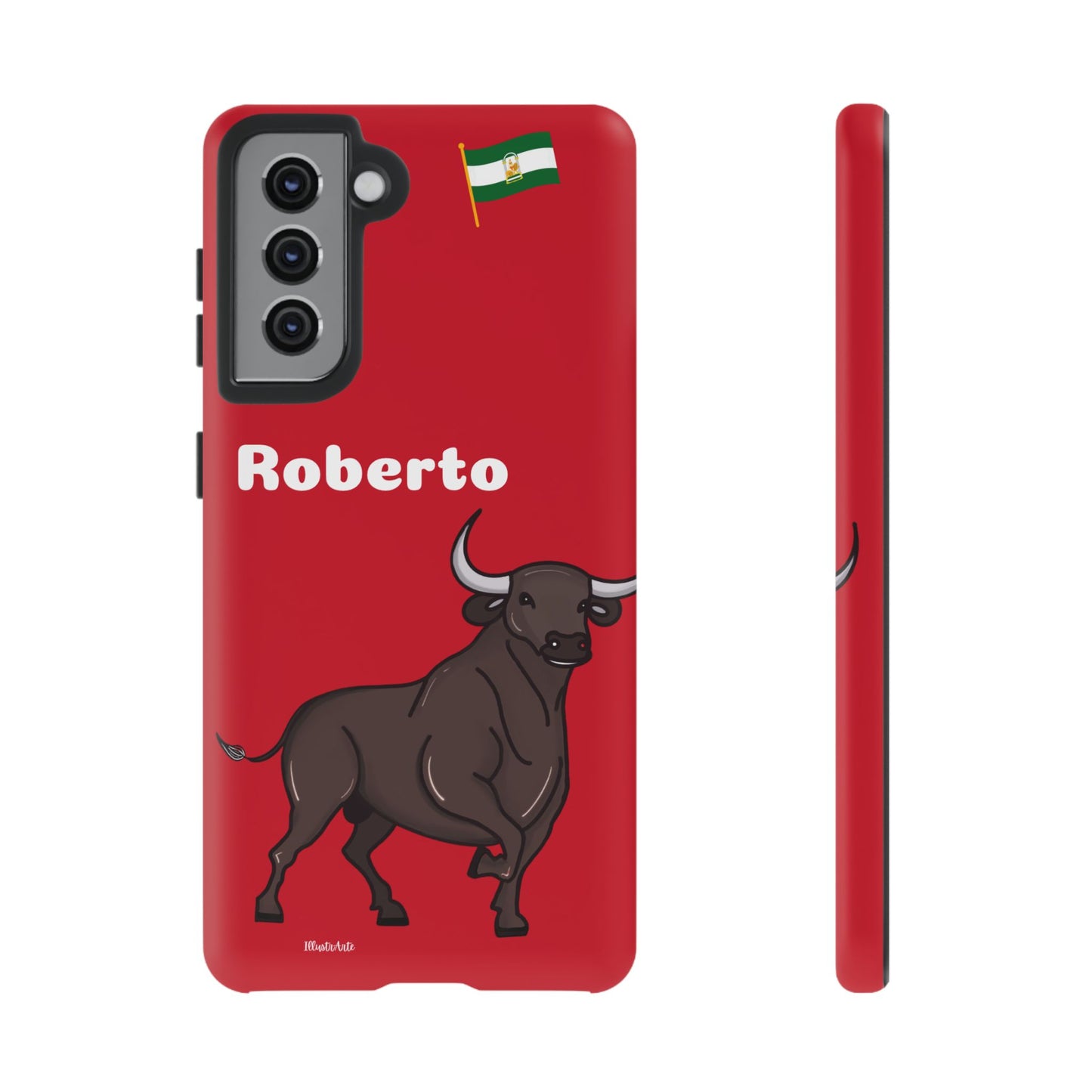 una funda de teléfono roja con un toro en ella