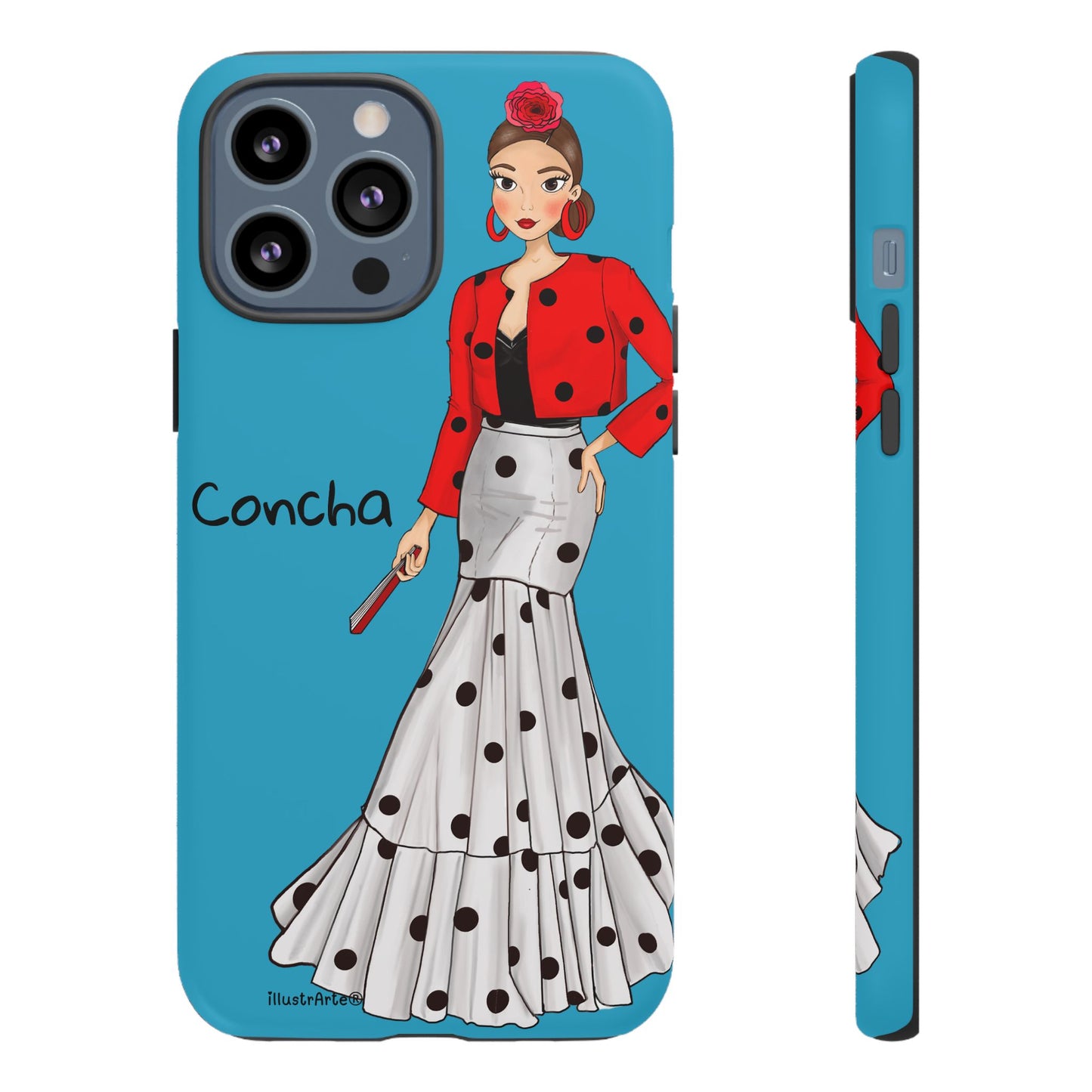 Funda de teléfono personalizable con nombre, Modelo Conchita fondo azul, que combina arte y funcionalidad.