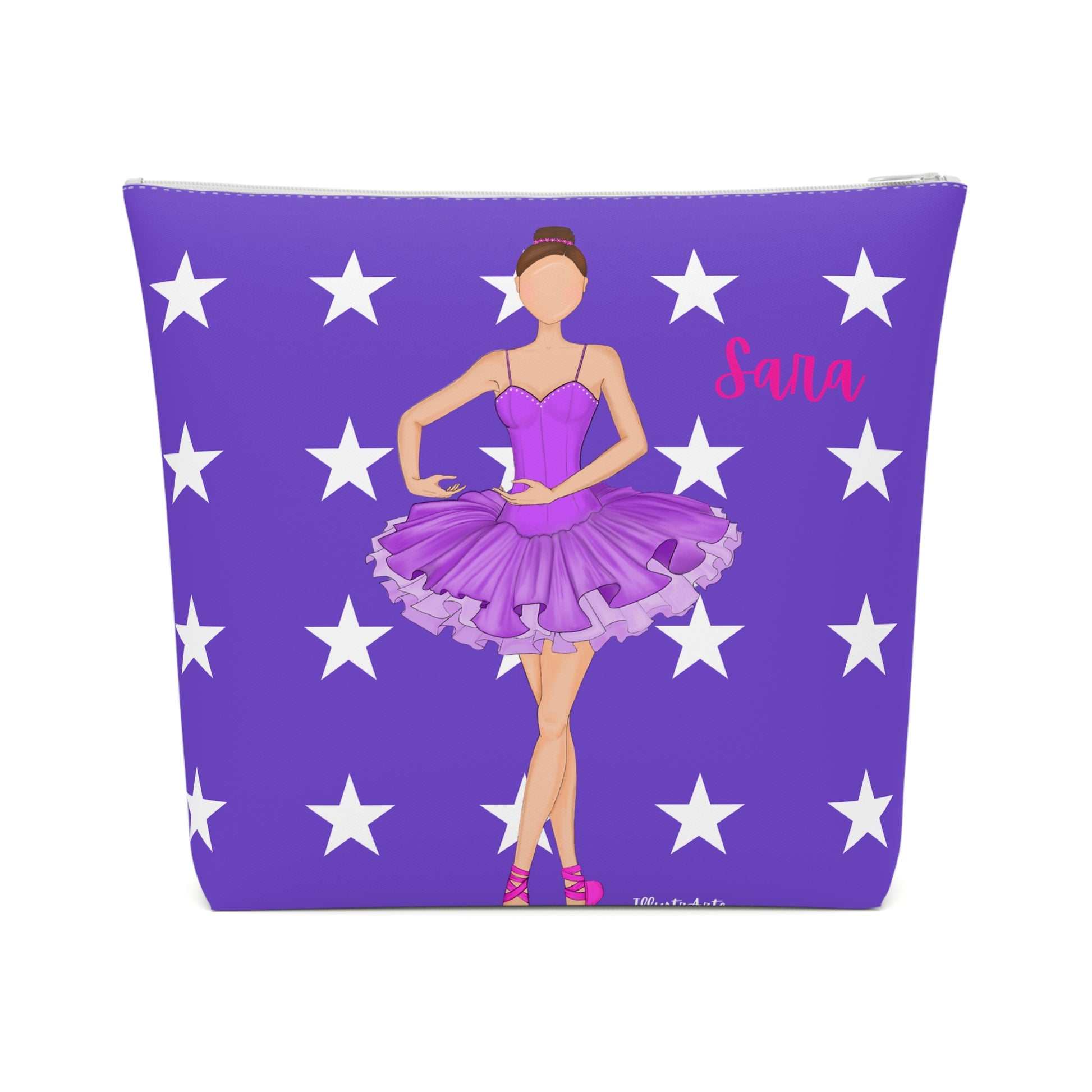 una bolsa morada con una imagen de una bailarina en ella