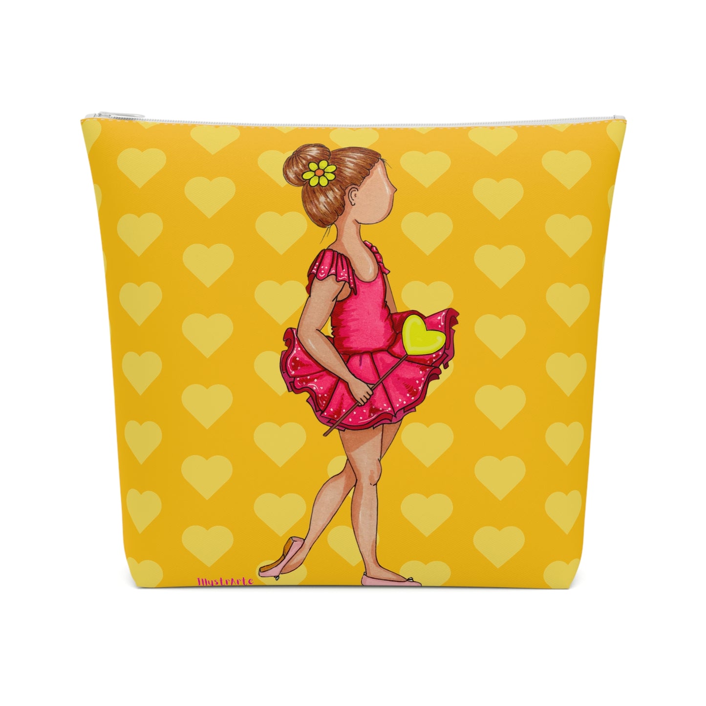 a yellow bag with a picture of a little girl in a pink dress