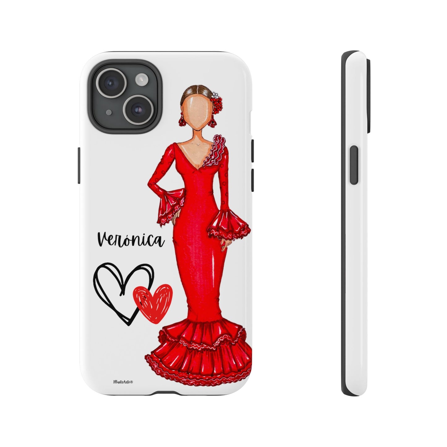 una funda de teléfono con un dibujo de una mujer en un vestido rojo