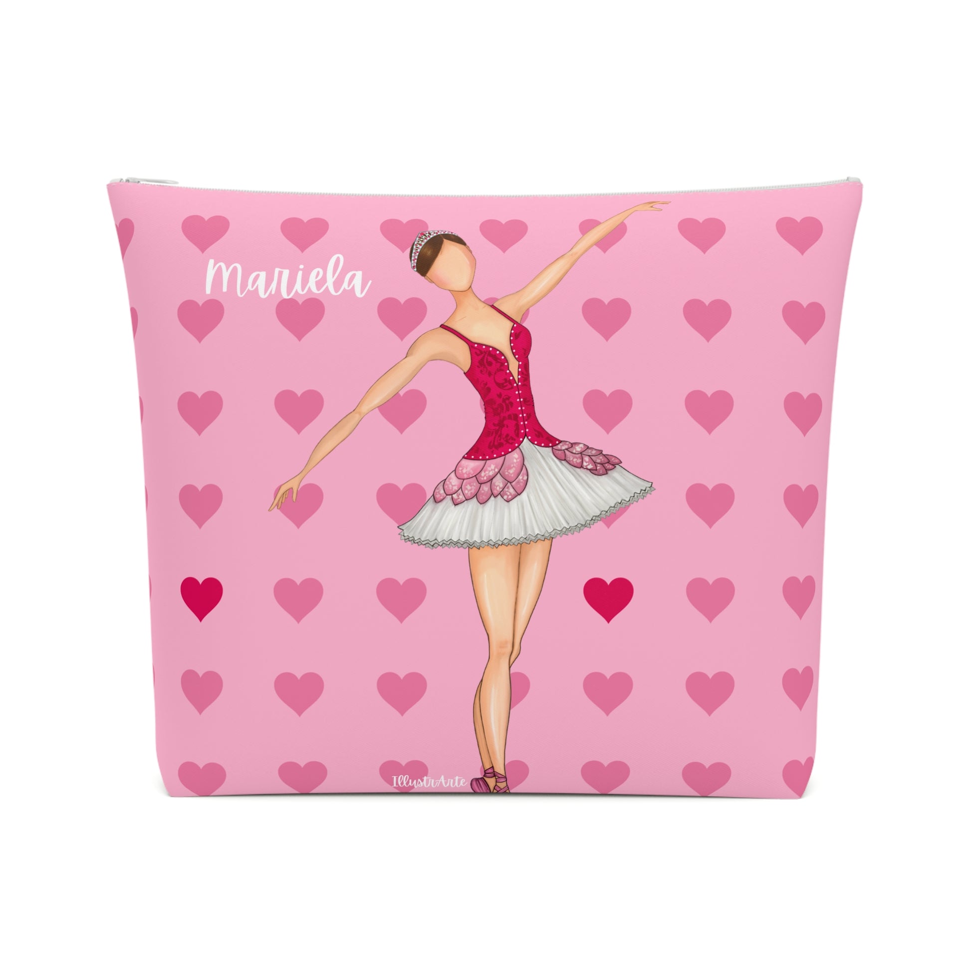 una bolsa cosmética rosa con una bailarina en ella