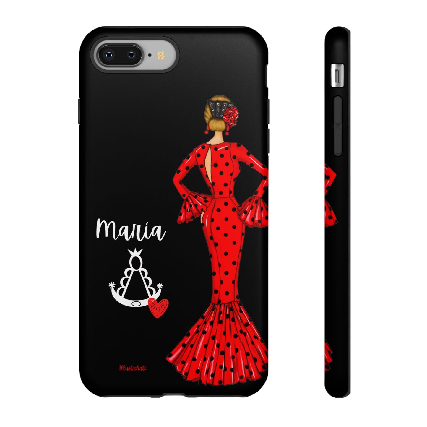 una funda de teléfono con una mujer en un vestido rojo